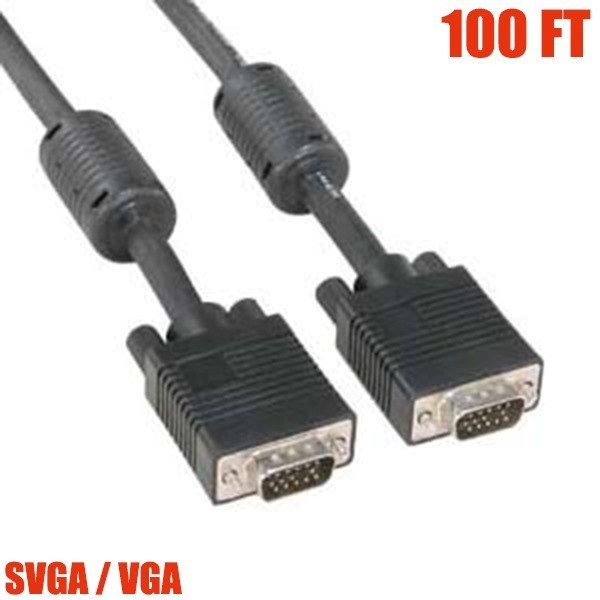 100FT VGA SVGA HD 15 Pin Male to Male Monitor Cable Cord PC Laptop Ferrite Cores