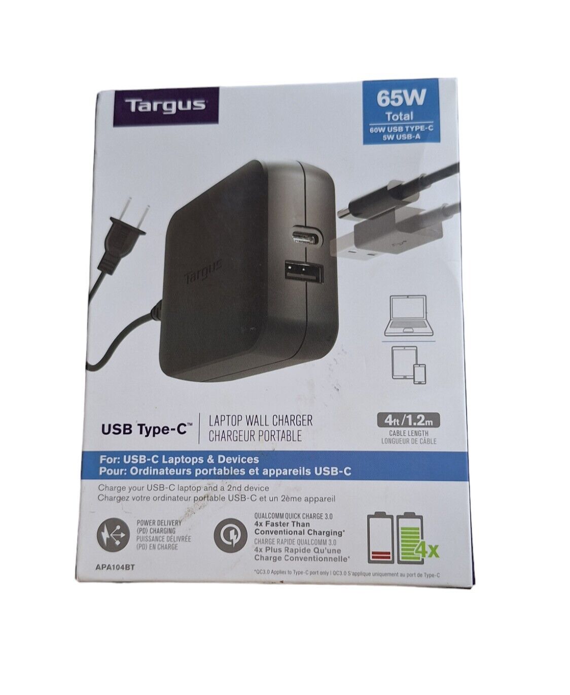 Targus 4 Ft. 65W USB Type-C & USB-A Laptop Wall Charger & Devices APA104BT