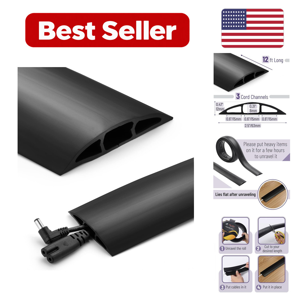 Floor Cord Cover 12 Ft Black Polyvinyl Chloride Heavy Duty Wire Protector