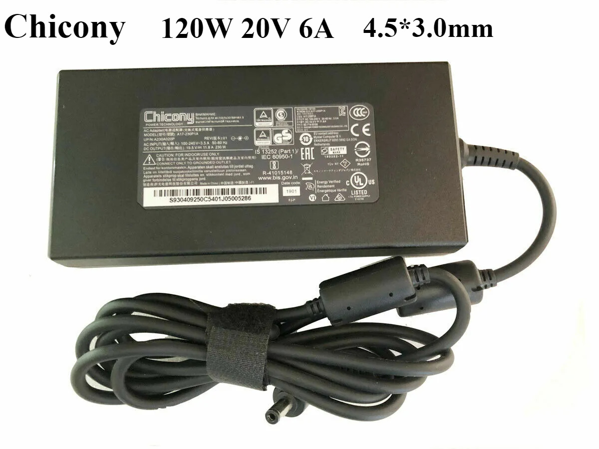 Chicony 20V 6A 120W AC Adapter Charger For MSI GF63 Thin 11UCX-1424US 4.5*3.0mm