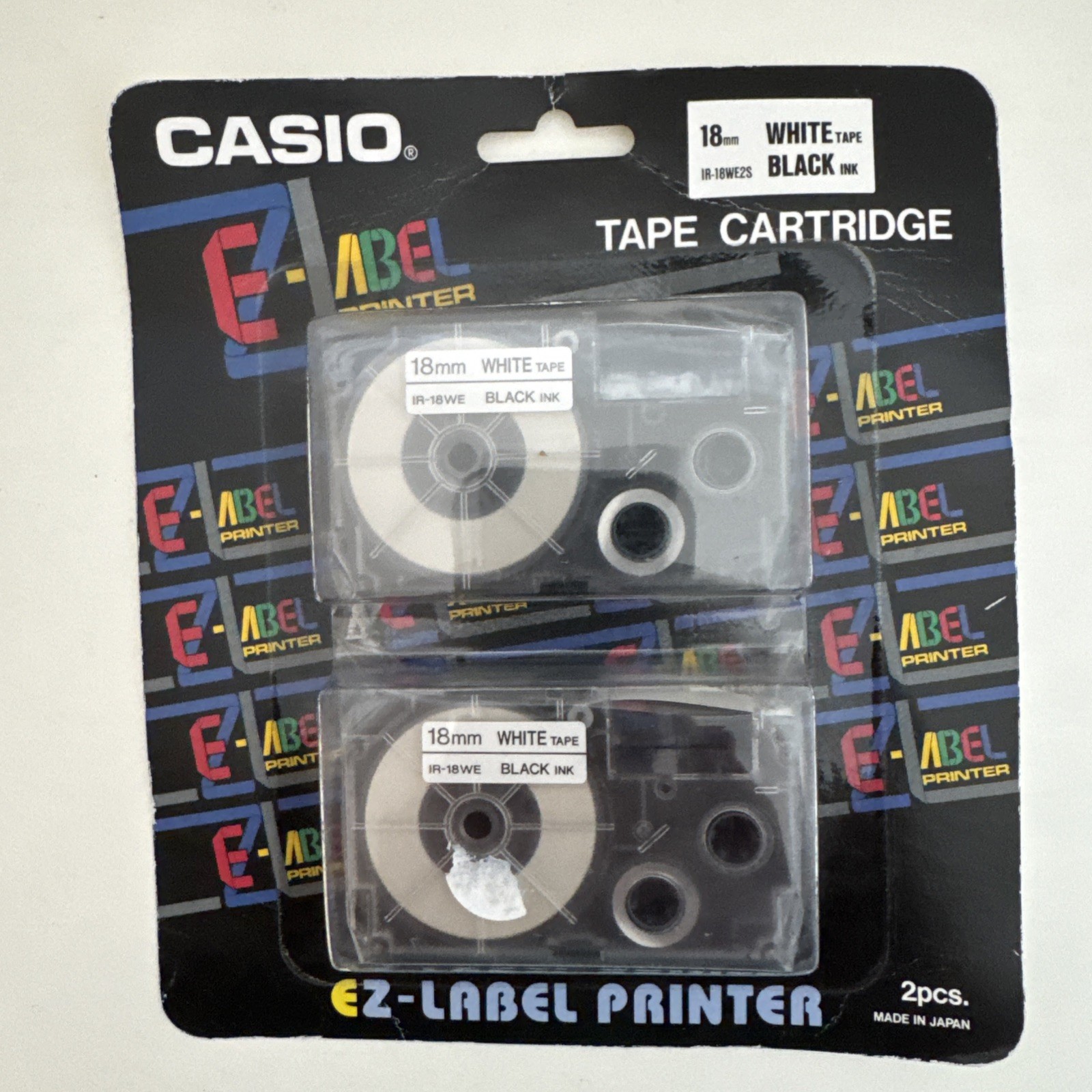 New Casio E-Z-Label Printer 18MM Black Ink White Tape 2-Pack IR-18WE2S