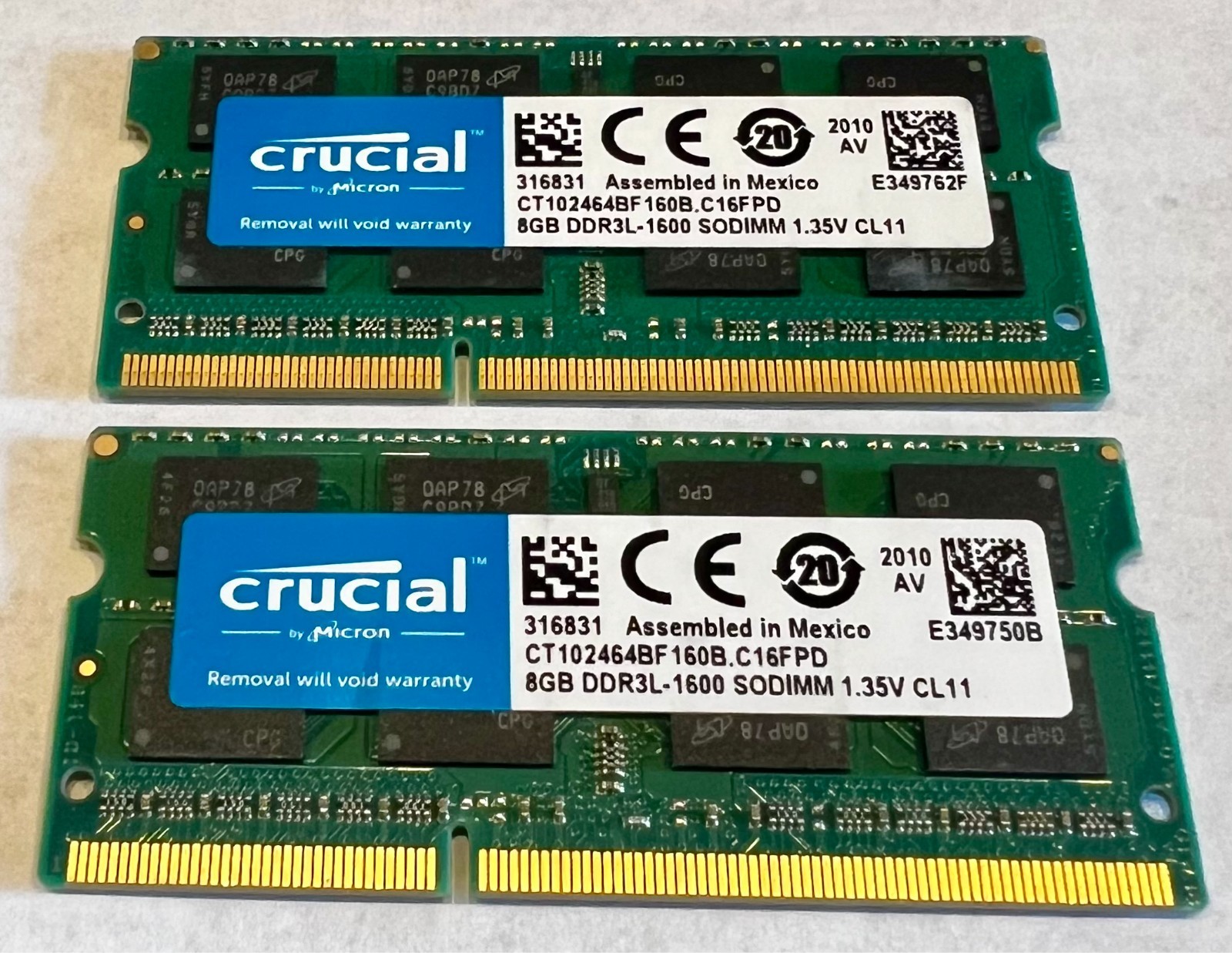 QTY 2 -Crucial - 8GB DDR3L-1600 SODIMM 1.35V CL11 - 16 GB Total
