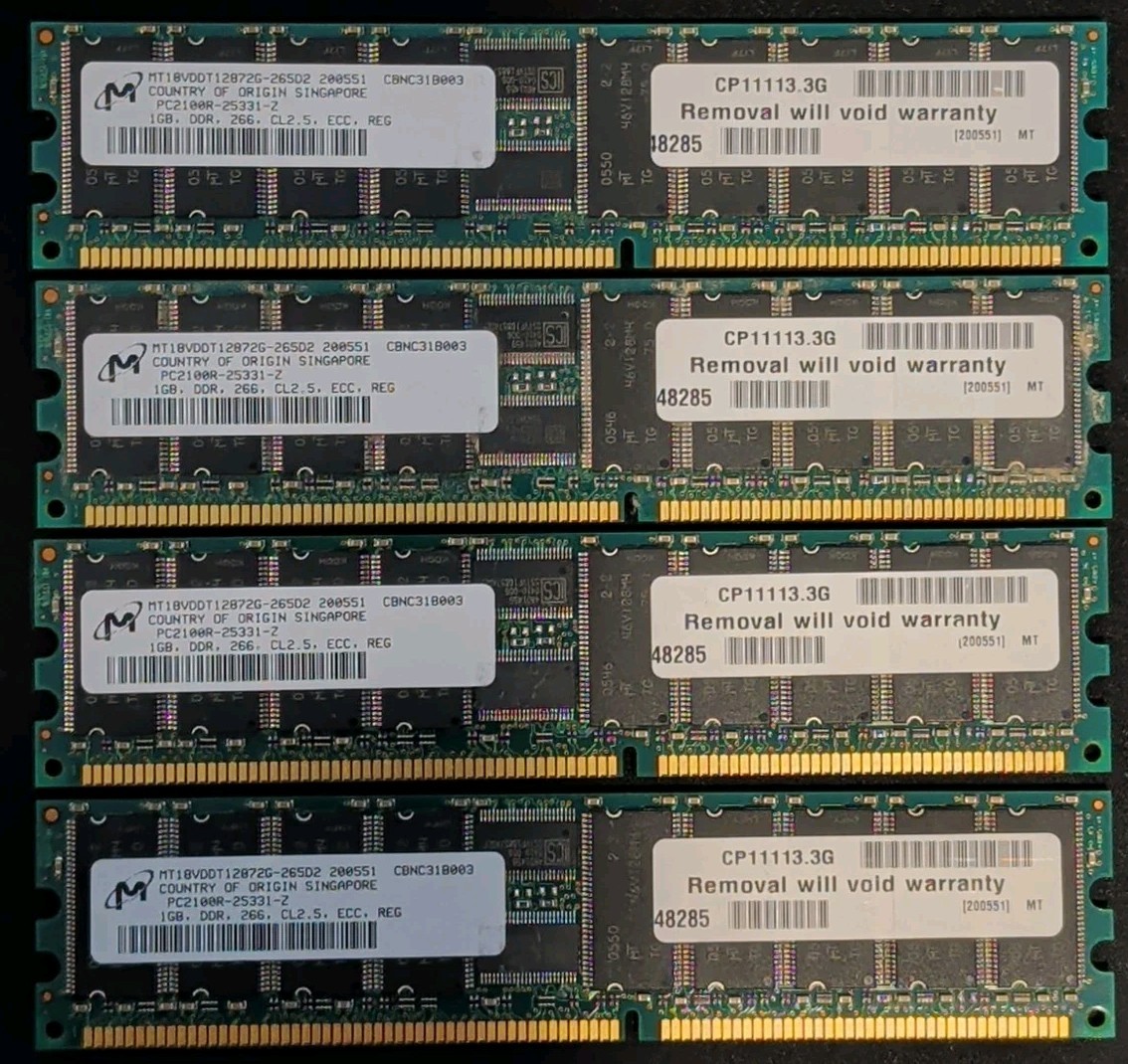 1GB Micron - 4x Lot - MT18VDDT12872AG-265D2 - 333MHz CL2.5 PC2100 Reg DIMM ECC 