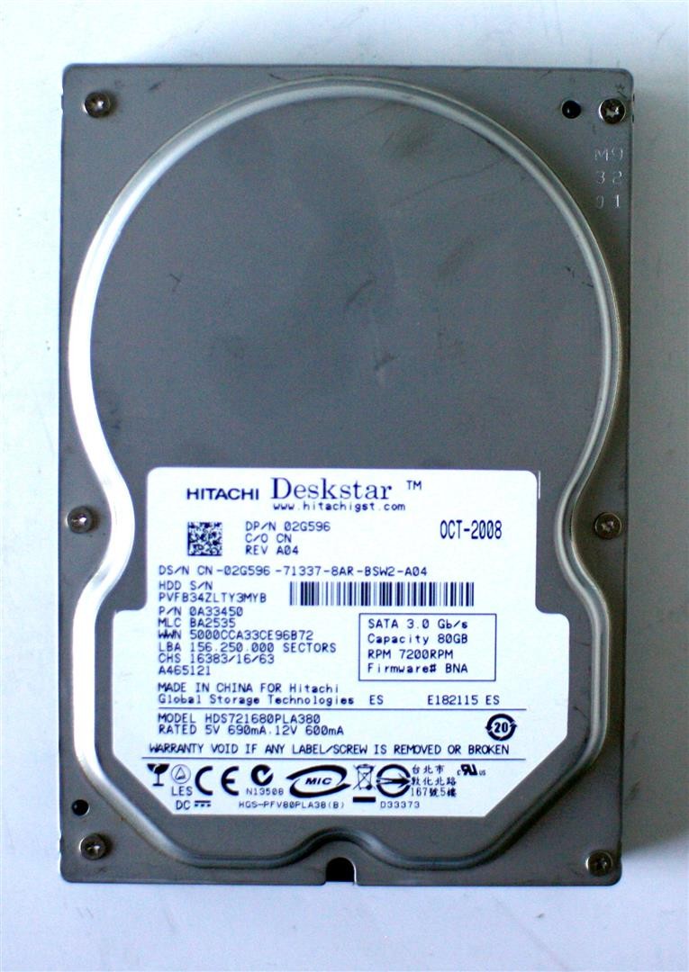 Hitachi deskstar 80gb hds721680pla380 p/n: 0a33450 mlc:ba2535, dp/n: 02g596 rev