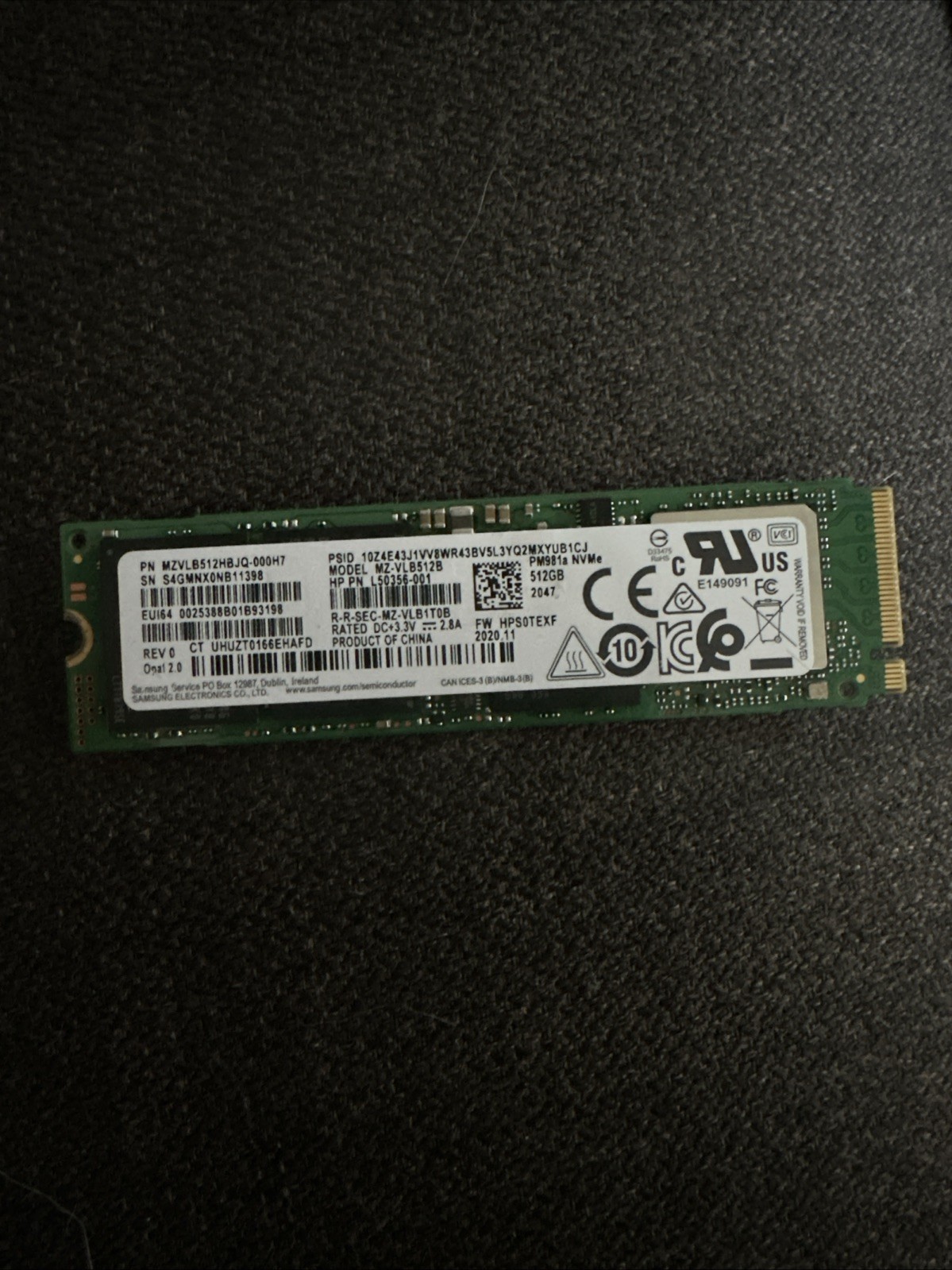 HP 512GB NVMe 2280 M.2 PCIe Gen3 x4 SSD Samsung PM981a MZ-VLB512B L50356-001