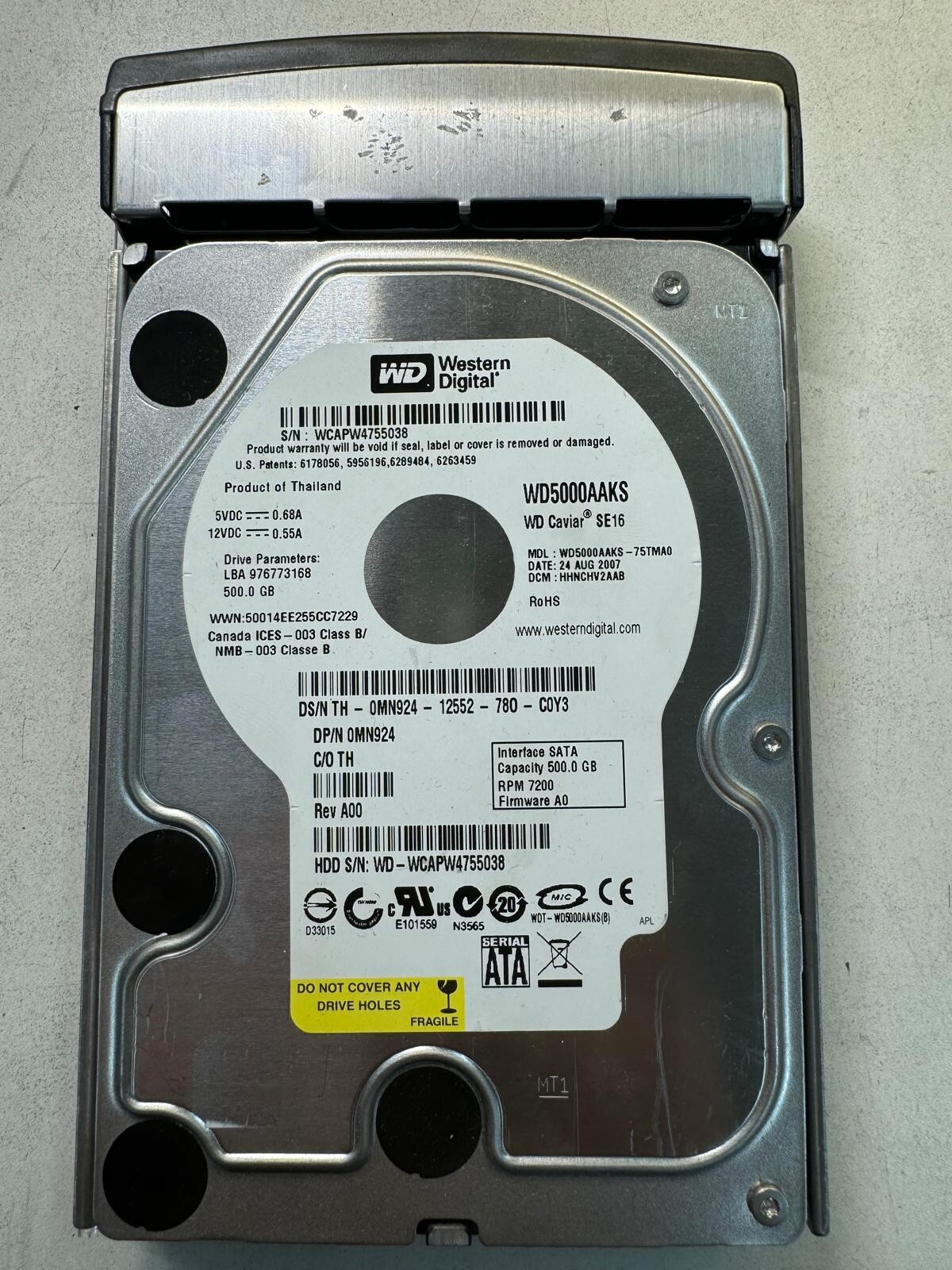 DELL MN924 WD5000AAKS-75TMA0 500GB 7.2K RPM 16MB CACHE 3 Gb/s SATA3.5" HDD