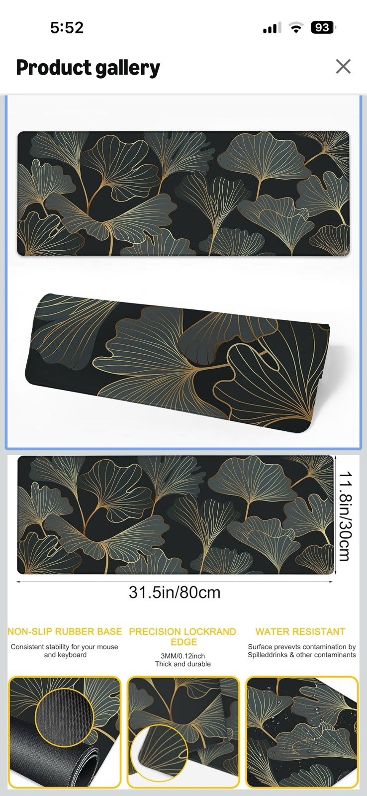 Large Mouse Pad Ginkgo Leaf Design 31.5” X 11.8” Stitched Edges Non Slip Back