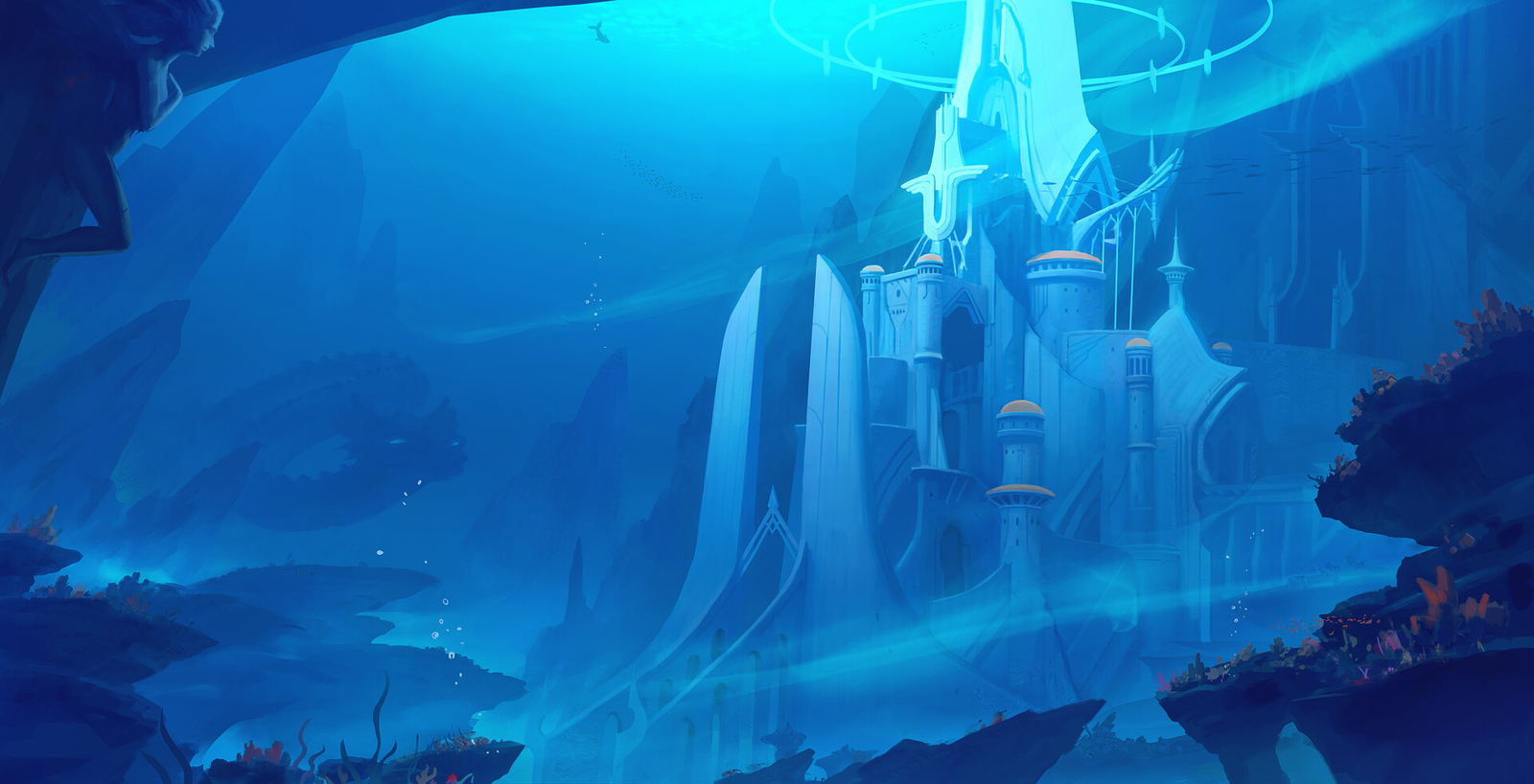 Landscape sy37 art fantasy ruins underwater castle sea Custom Gaming Mat Desk