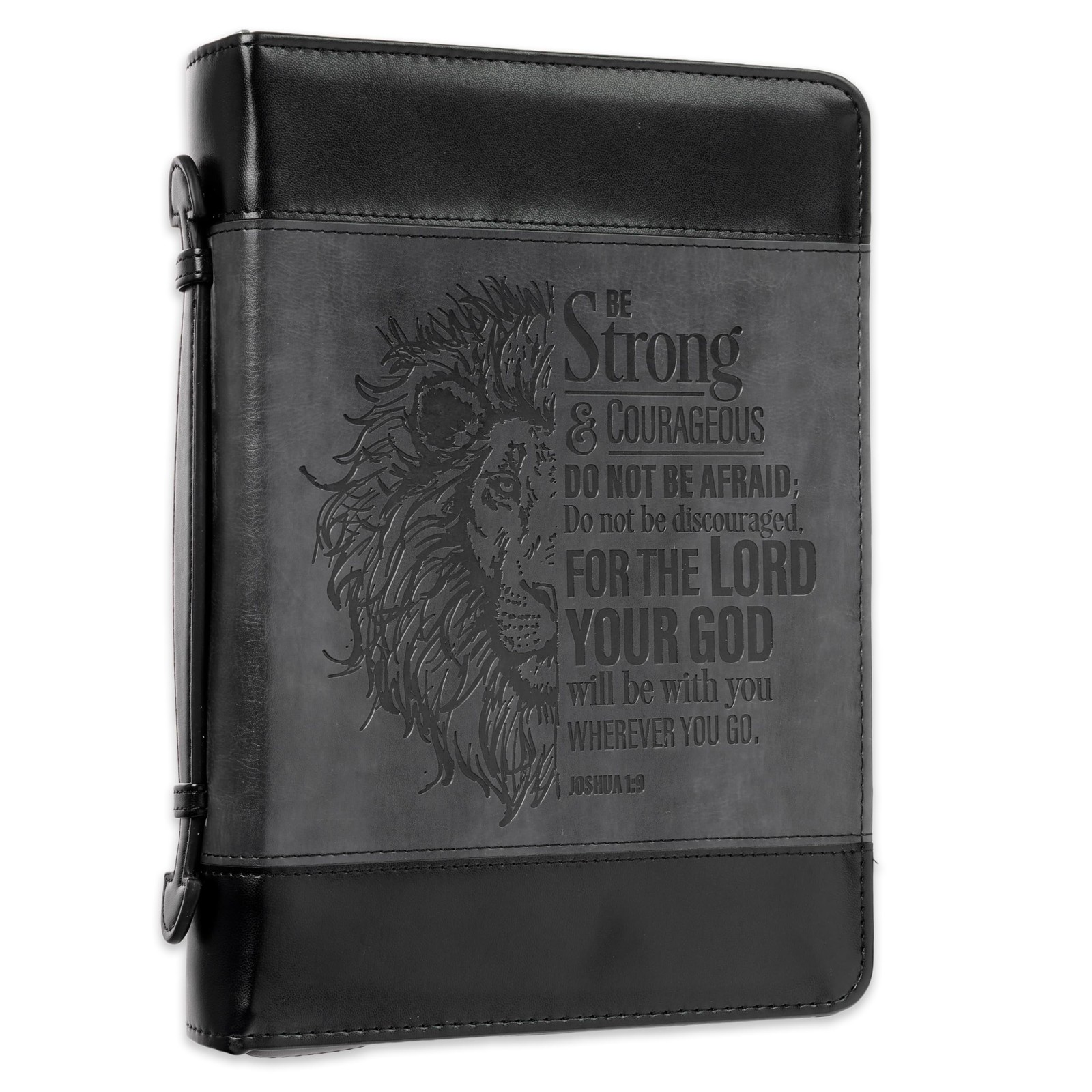Bible Cover Faux Leather Medium Gray Black Be Strong Joshua 1 9 650 Christian