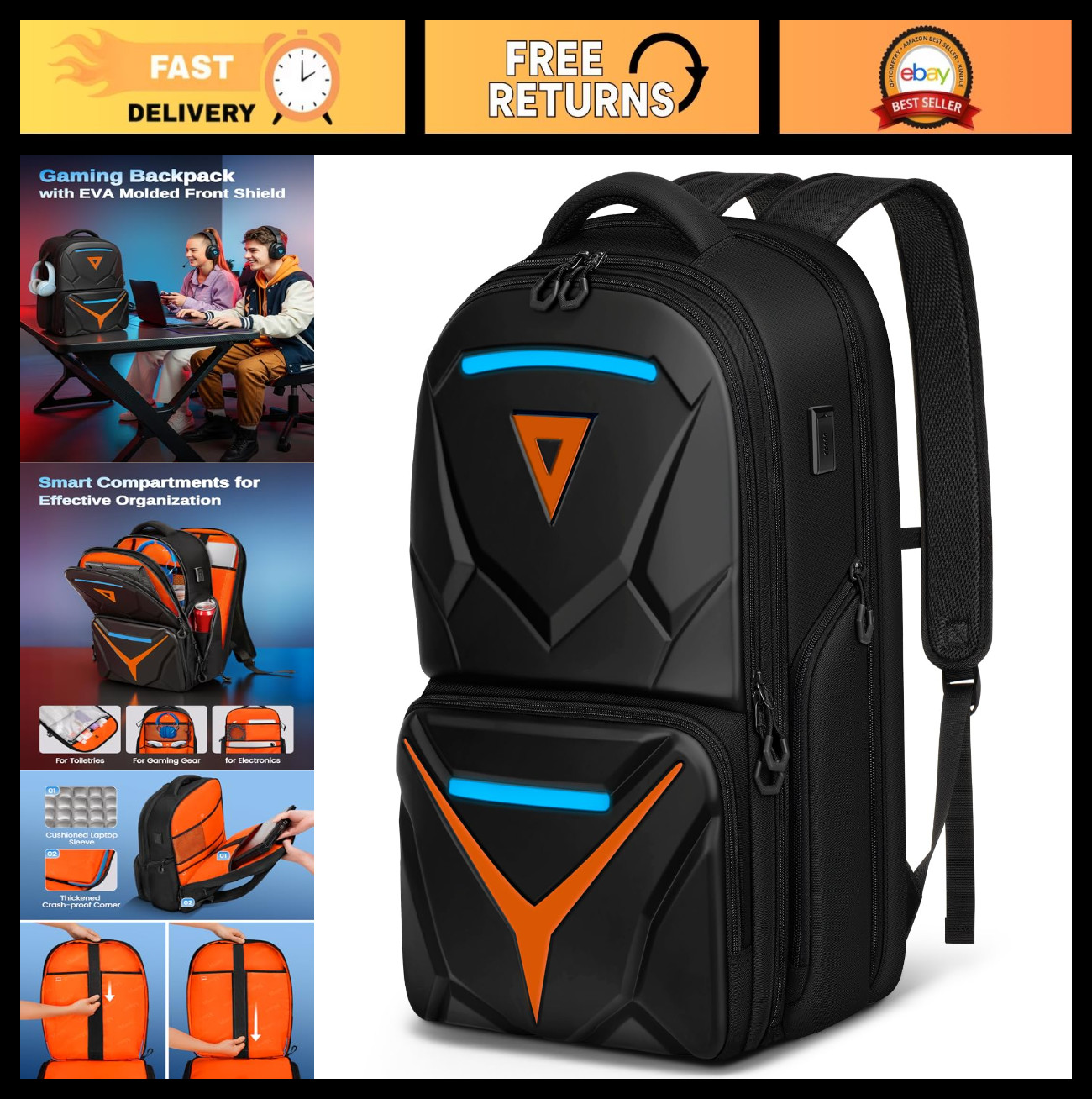 Extra Large Waterproof Gaming Backpack, 18" TSA Approved Laptop Bag, Controller