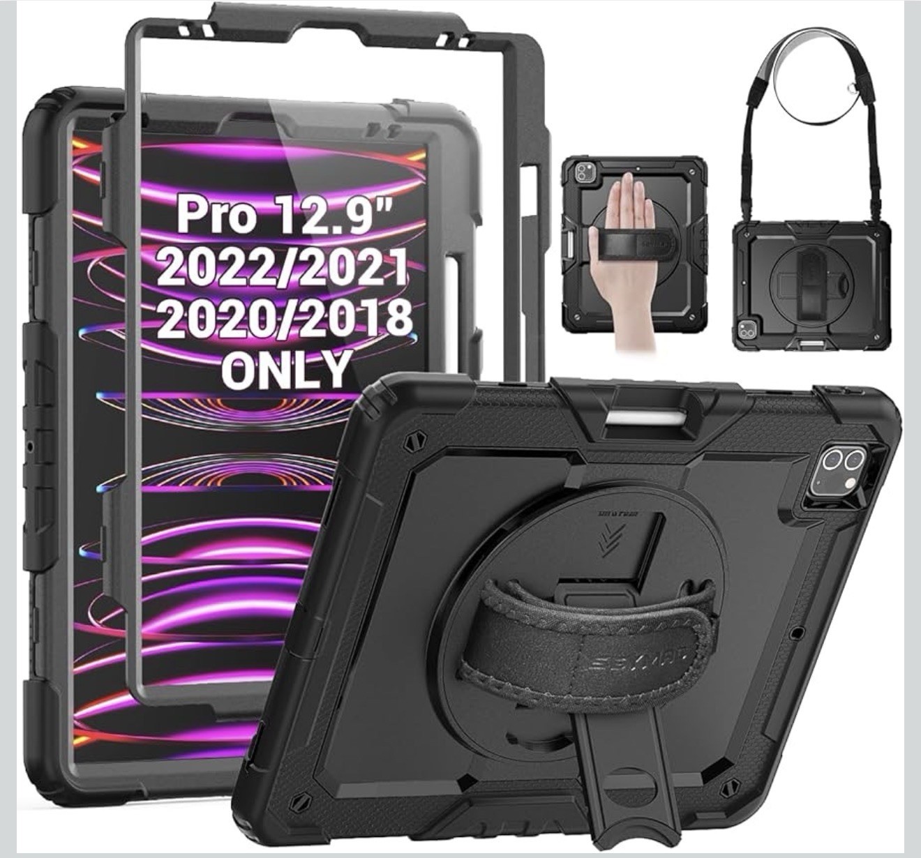 SEYMAC Heavy Duty Case for iPad Pro 12.9 2018-2022 Rotating Stand Black