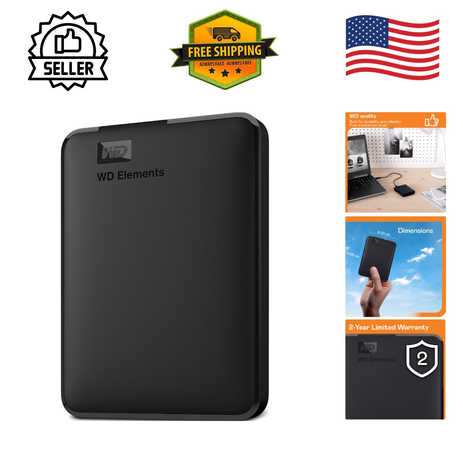Sleek WD 4TB Portable Hard Drive - Plug and Play USB 3.0 for Fast Transfers