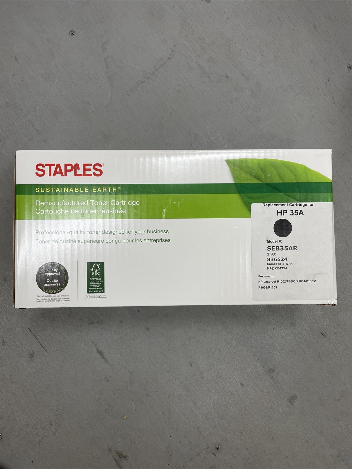 Sustainable Earth Staples Remanufactured Toner Cartridge SEB35AR HP CB435A NEW..
