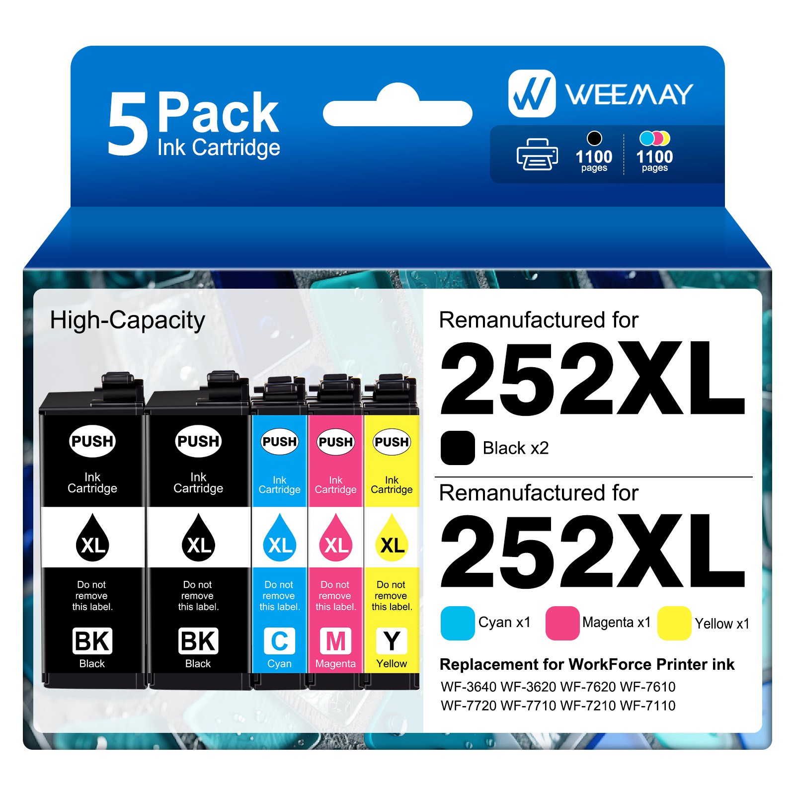 5 Pack 252XL T252XL Ink Cartridges for Epson WorkForce WF-3620 WF-3640 WF-7110