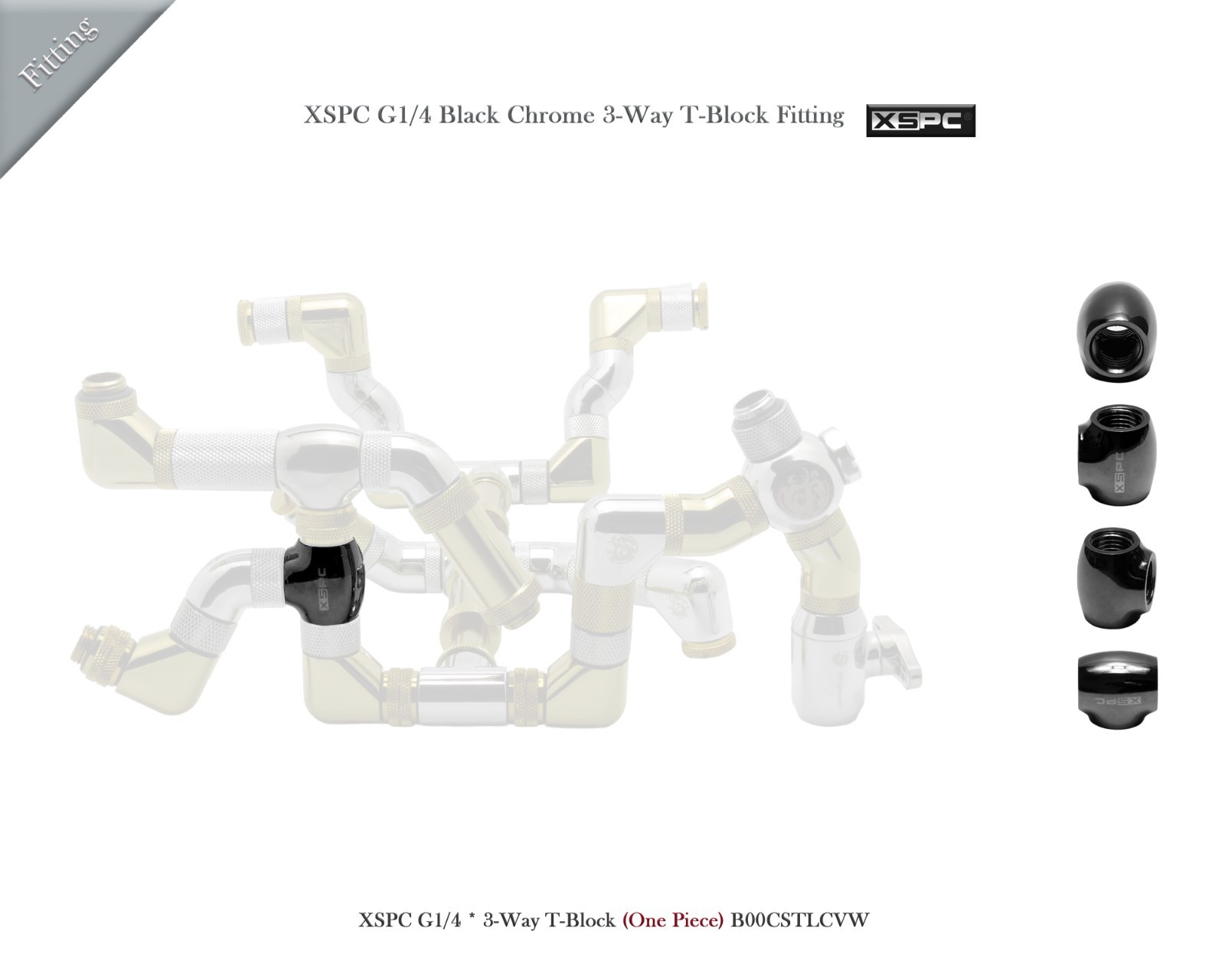 XSPC G1/4" 3-Way T-Block Fitting, Black Chrome  B00CSTLCVW