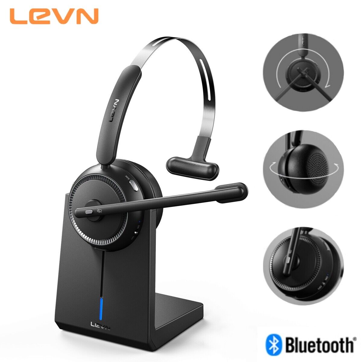LEVN Bluetooth Wireless Headset With Noise Canceling Microphone & Mute Button