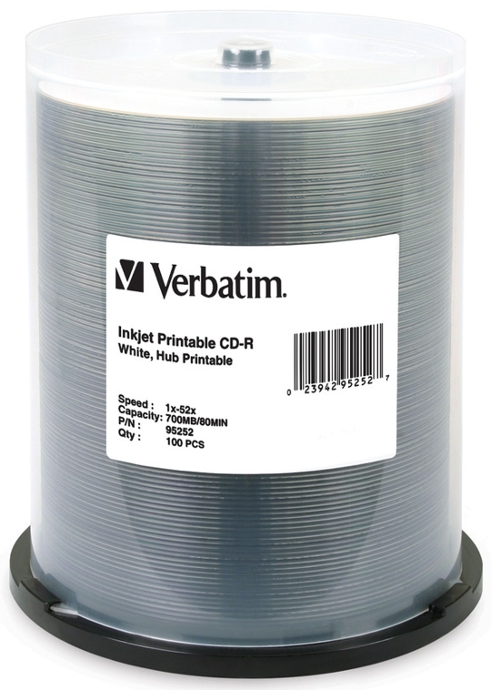 100-Pak VERBATIM White Inkjet Hub Printable 52X 80-Minute CDR's, Verbatim 95252