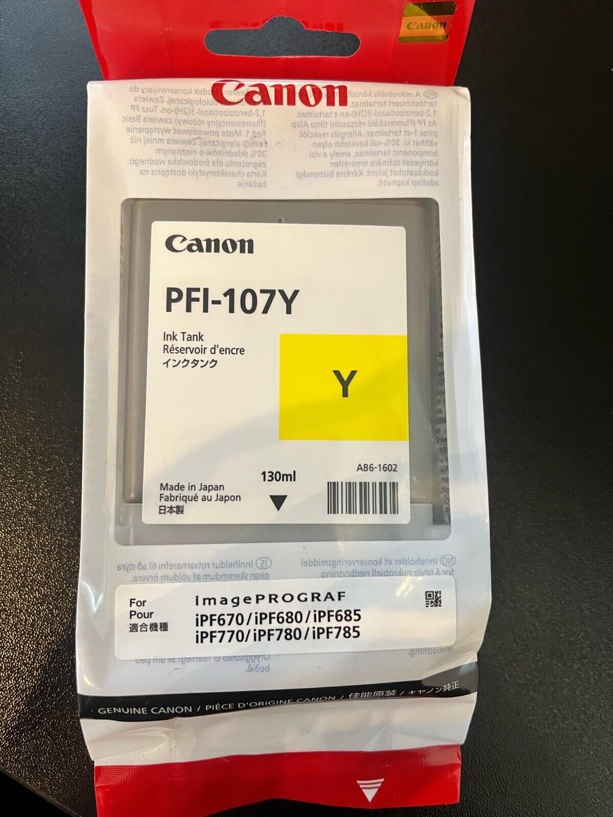 Canon PFI-107Y 130ml Ink Cartridge Dated 5/2024 (PLUS PFI-107bk included)