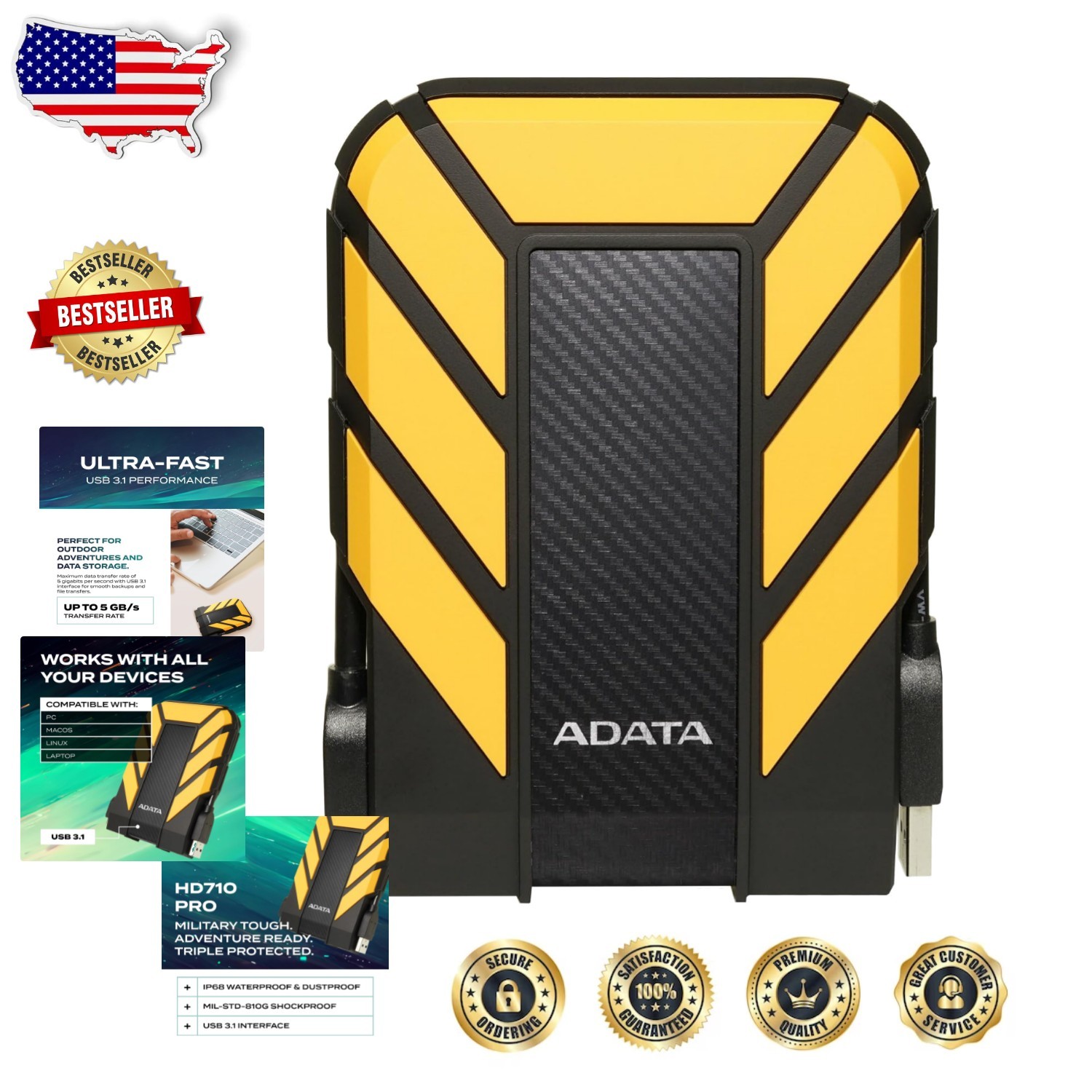 Rugged 2TB HD710 Pro External Hard Drive Yellow - Military Grade, 5Gbps Transfer