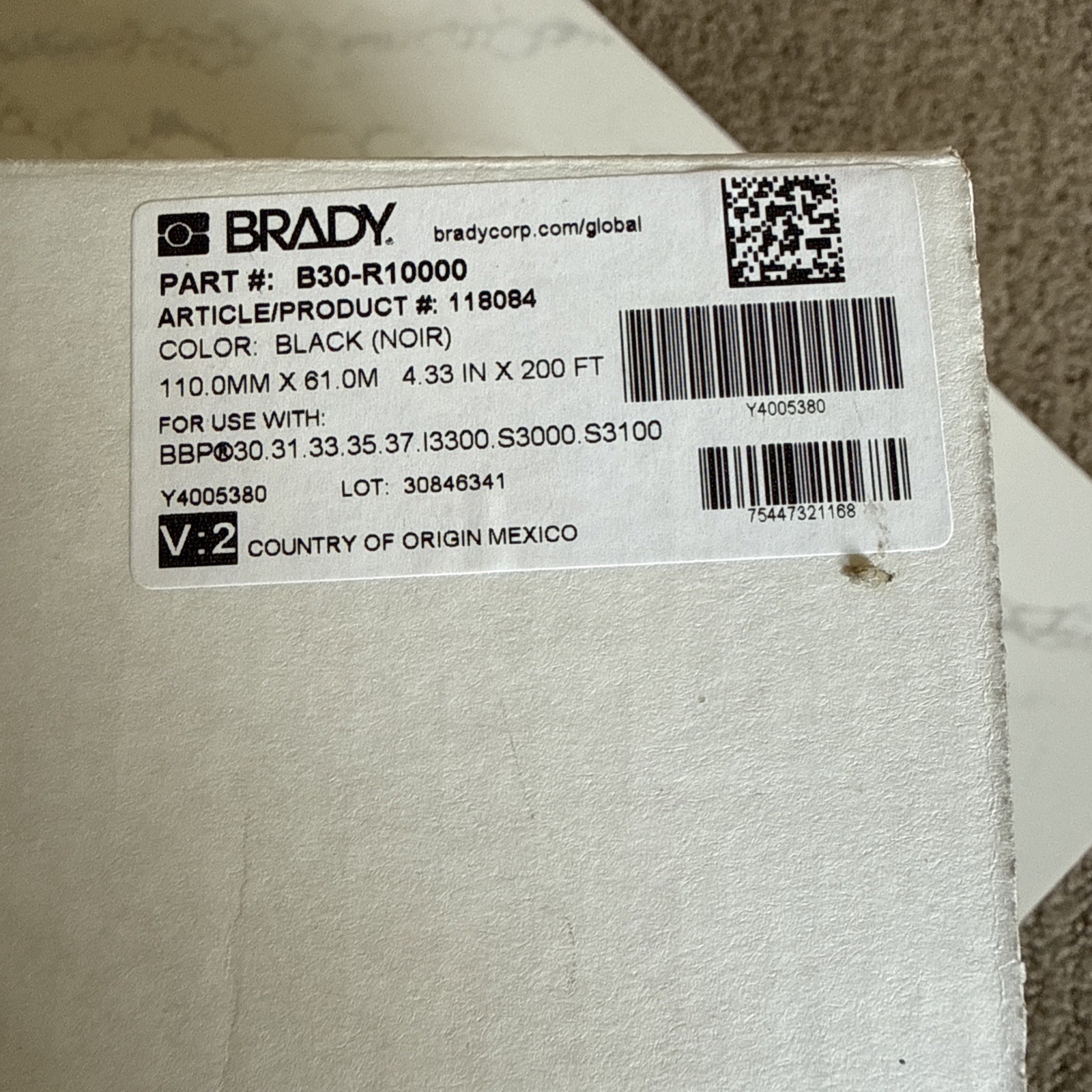 Brady B30-R10000 Black Ribbon Cartridge 4.33" x 200' R10000 Series 118084 NEW