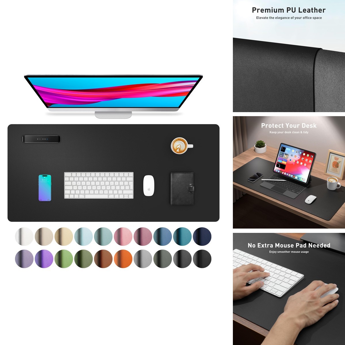 Aothia Desk Pad 23.6" x 13.7" Black Non-Slip Waterproof PU Leather Mouse Pad