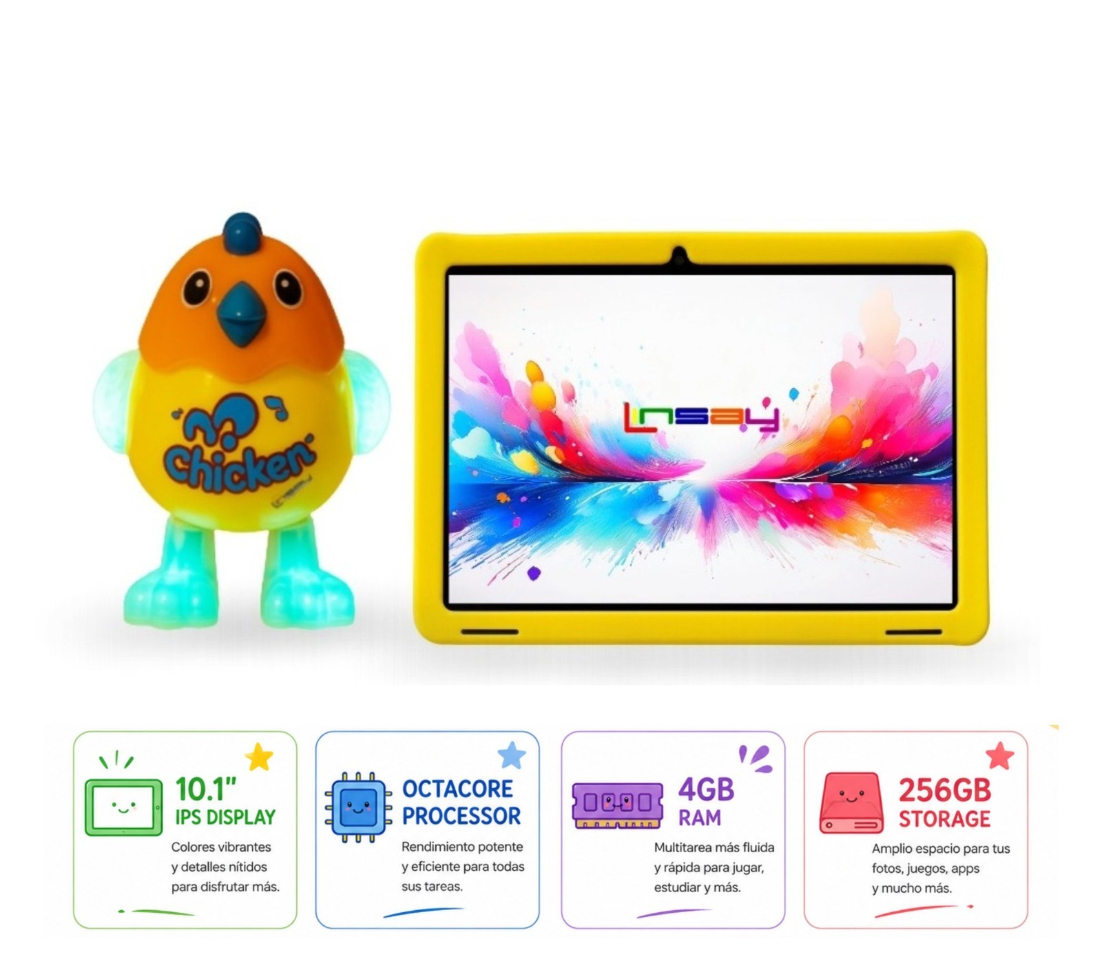 2026 LINSAY Tablet for kids w/ Chicken toy OCTA-CORE 256 GB ANDROID 15 Yellow