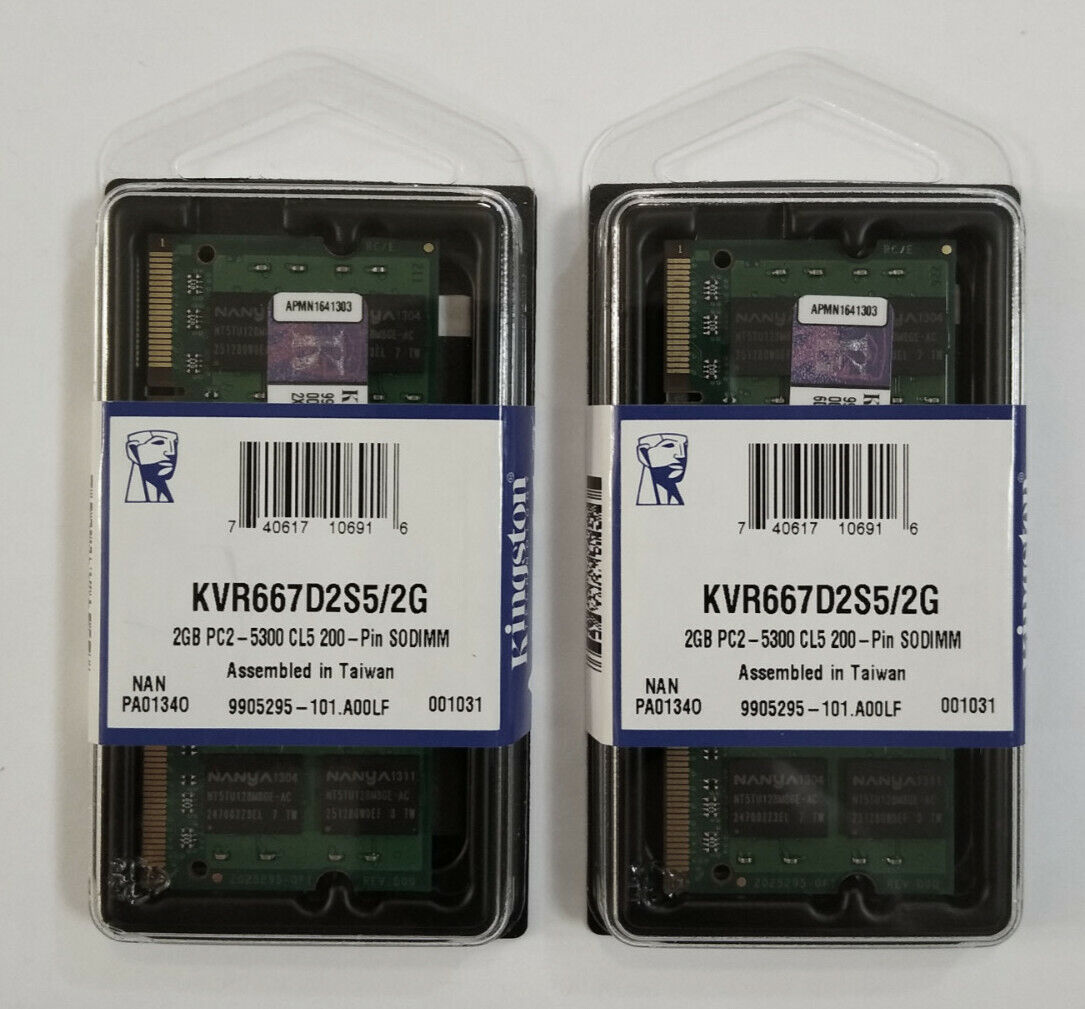 2x Kingston 2GB PC2-5300 CL5 200-Pin DDR2 SODIMM Laptop Memory KVR667D2S5/2G