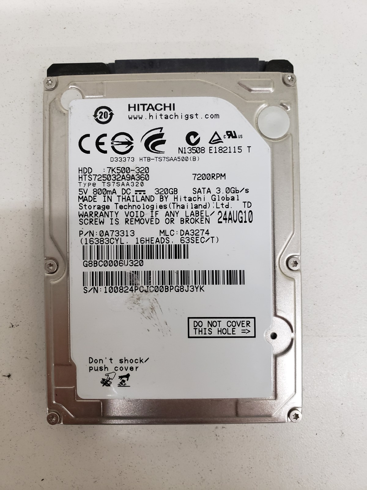 Hitachi HTS725032A9A360 320GB 2.5in 7200RPM SATA 3.0Gb/s Hard Drive P/N: 0A73313