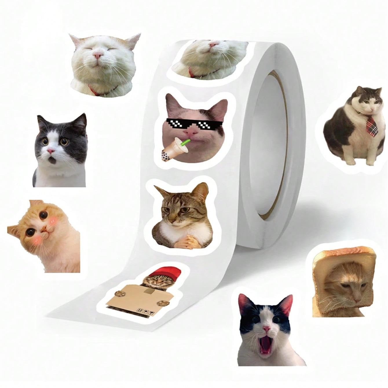 500PCS Cat Meme Stickers Roll 10 Styles Funny 0.9 inches, Multicolor