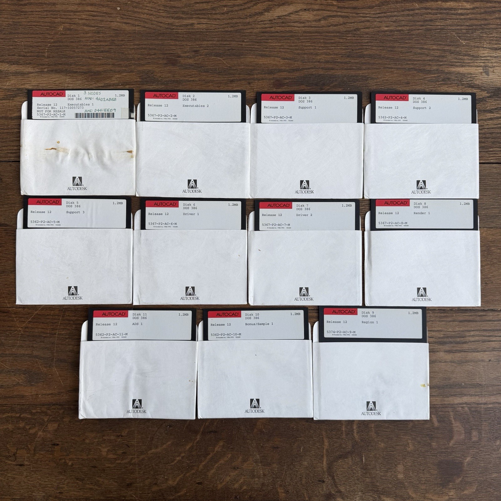 Autodesk AutoCAD Release 12 DOS 386 5.25” Floppy Disk Set 1-11 Vintage