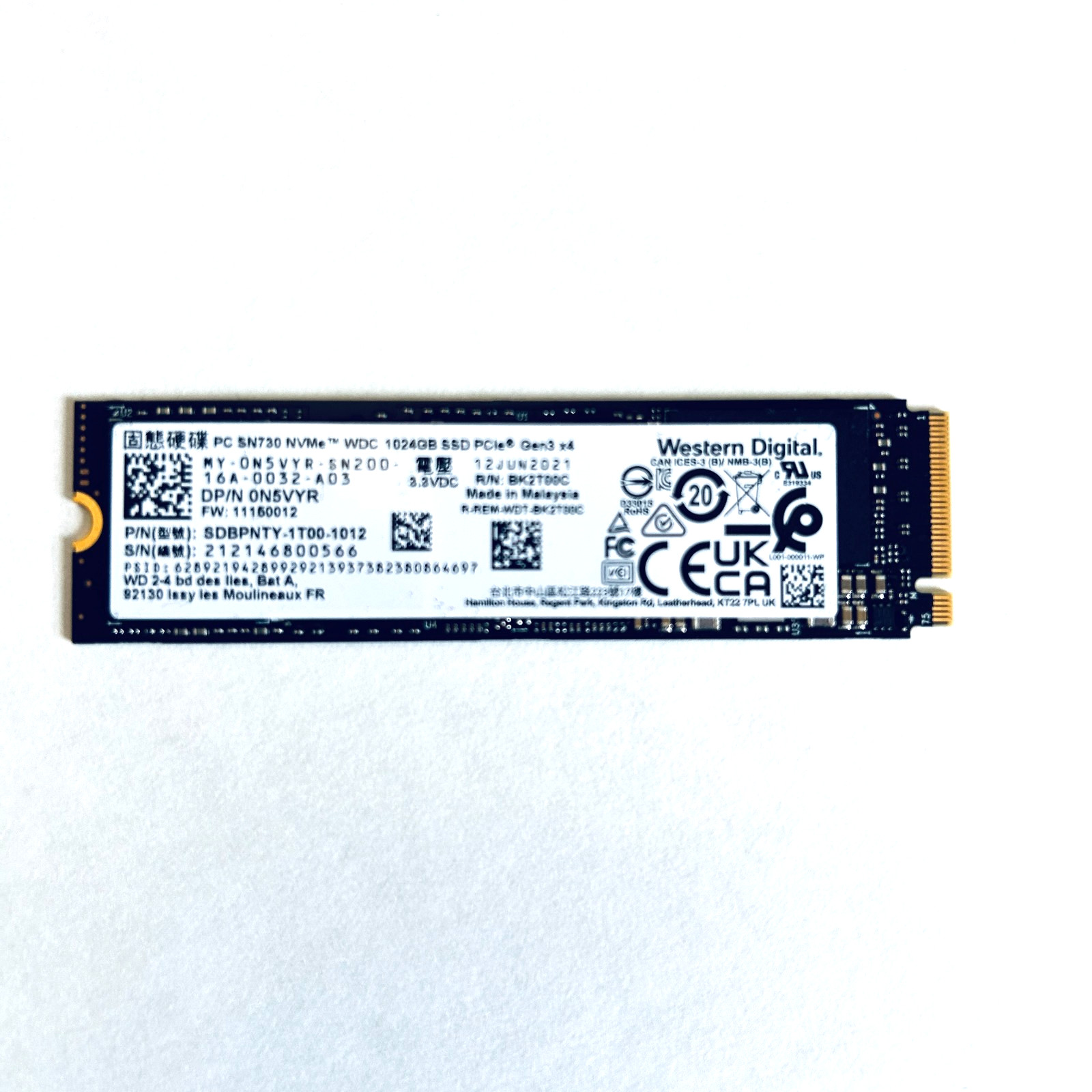 Western Digital PC SN730 1024GB M.2 2280 NVMe PCIe Gen3 x4 SSD SDBPNTY-1T00-1012