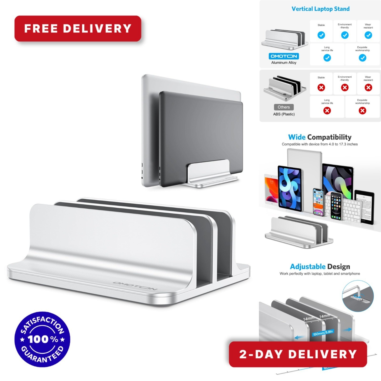 OMOTON Dual Vertical Desk Laptop Stand for MacBook Pro/Air, Adjustable Silver