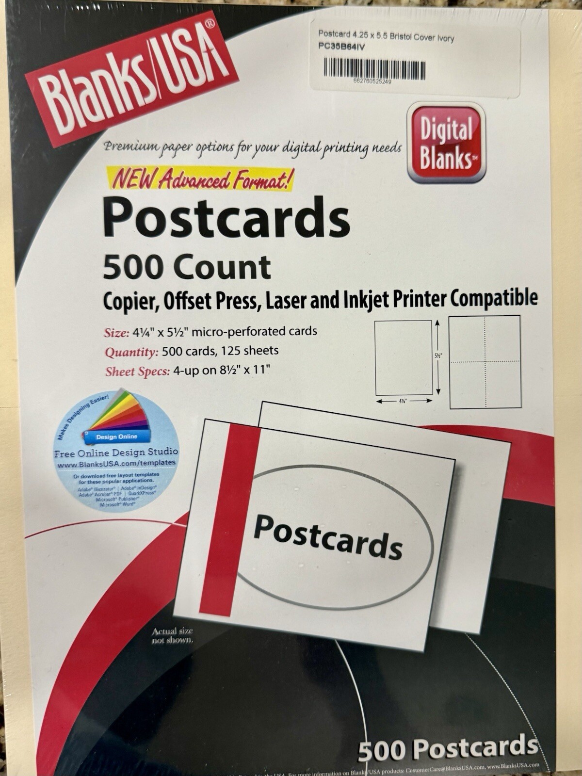 Ivory Post Cards 5 1/2x4 1/4”- 4 Up ,8 1 /2 x 11 Bristol Digital 67Ib. 125/Pack