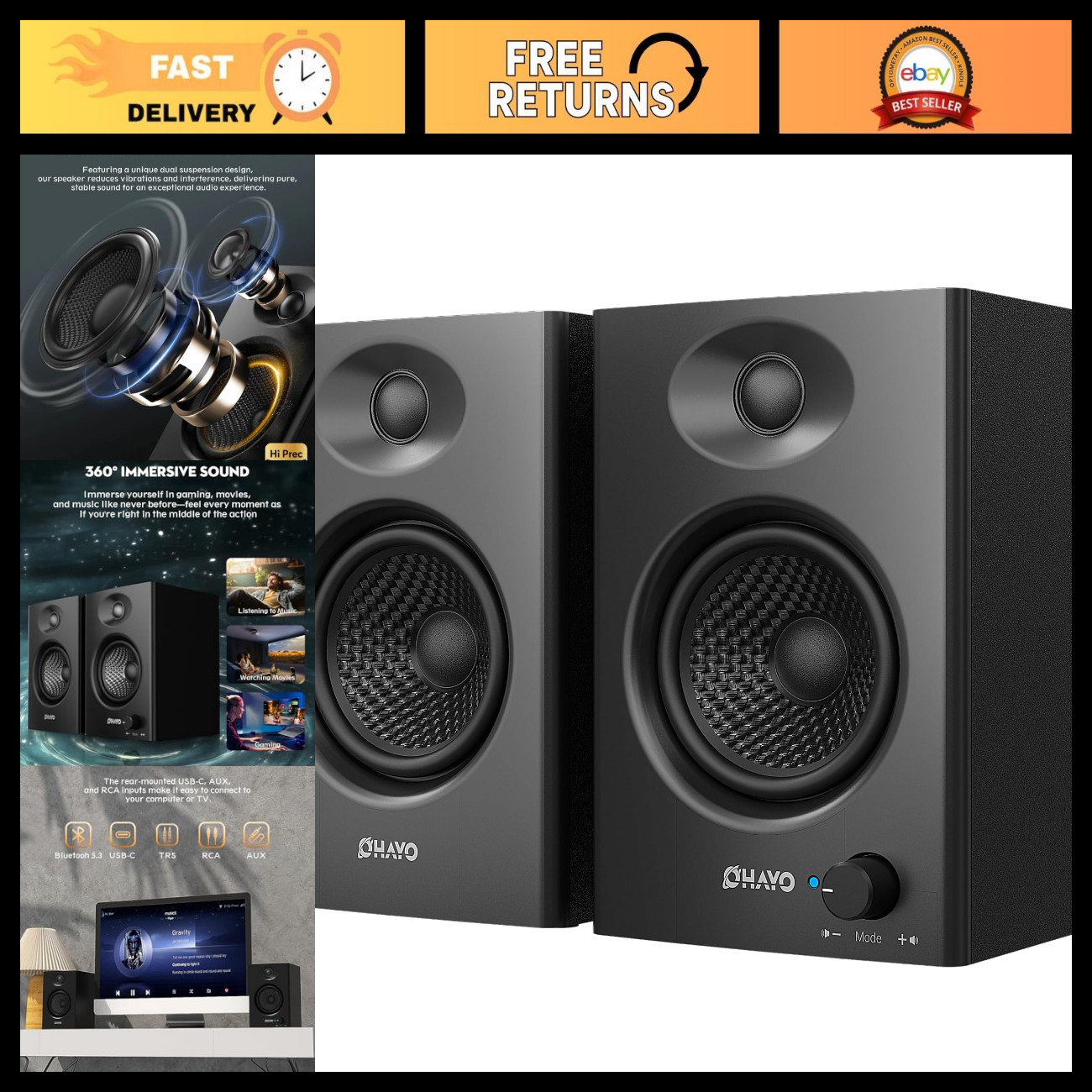 60W Bluetooth 5.3 Computer Speakers, Stereo 2.0, Wired & Wireless, Black Pair