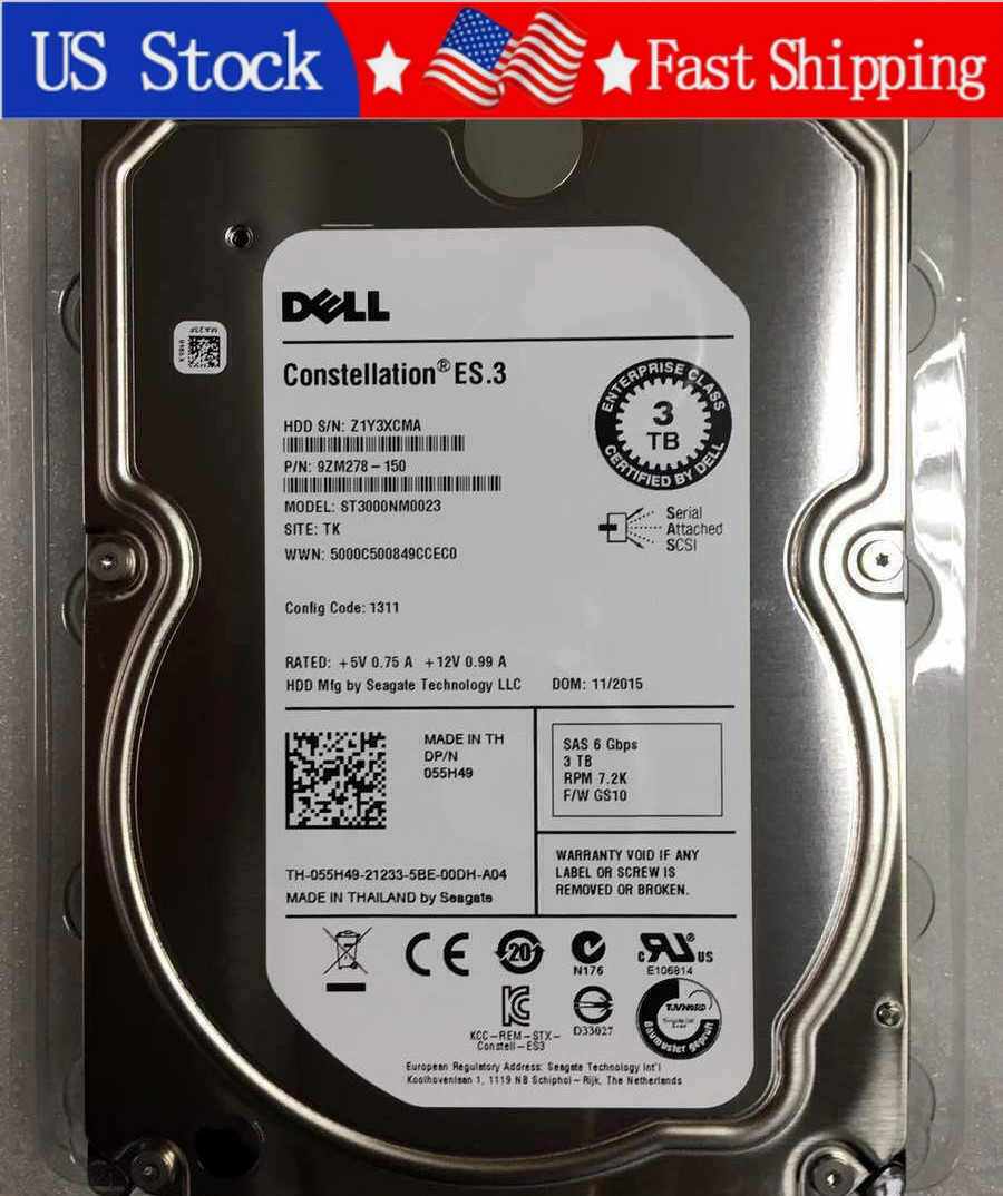 New Dell 055H49 Seagate ST3000NM0023 3TB 7200RPM 6Gb/s 3.5" SAS Hard Drive HDD