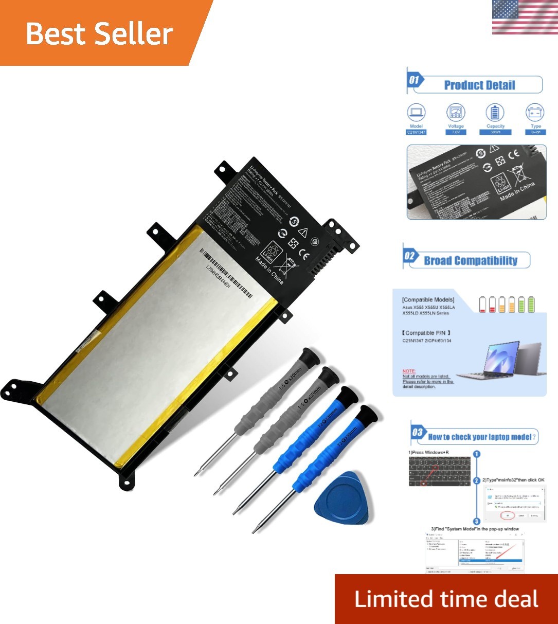 Compact 7.6V C21N1347 Laptop Battery for ASUS X555 - Lightweight & Efficient