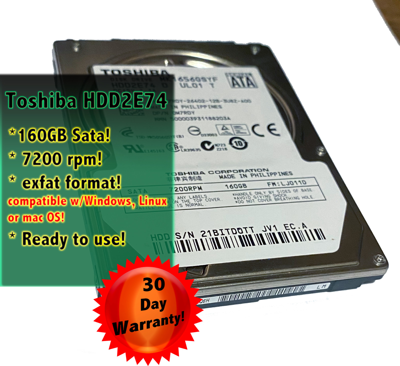 Toshiba MK1656GSYF HDD2E74 160GB *** 7200 rpm ** 2.5" SATA II Laptop Hard Drive