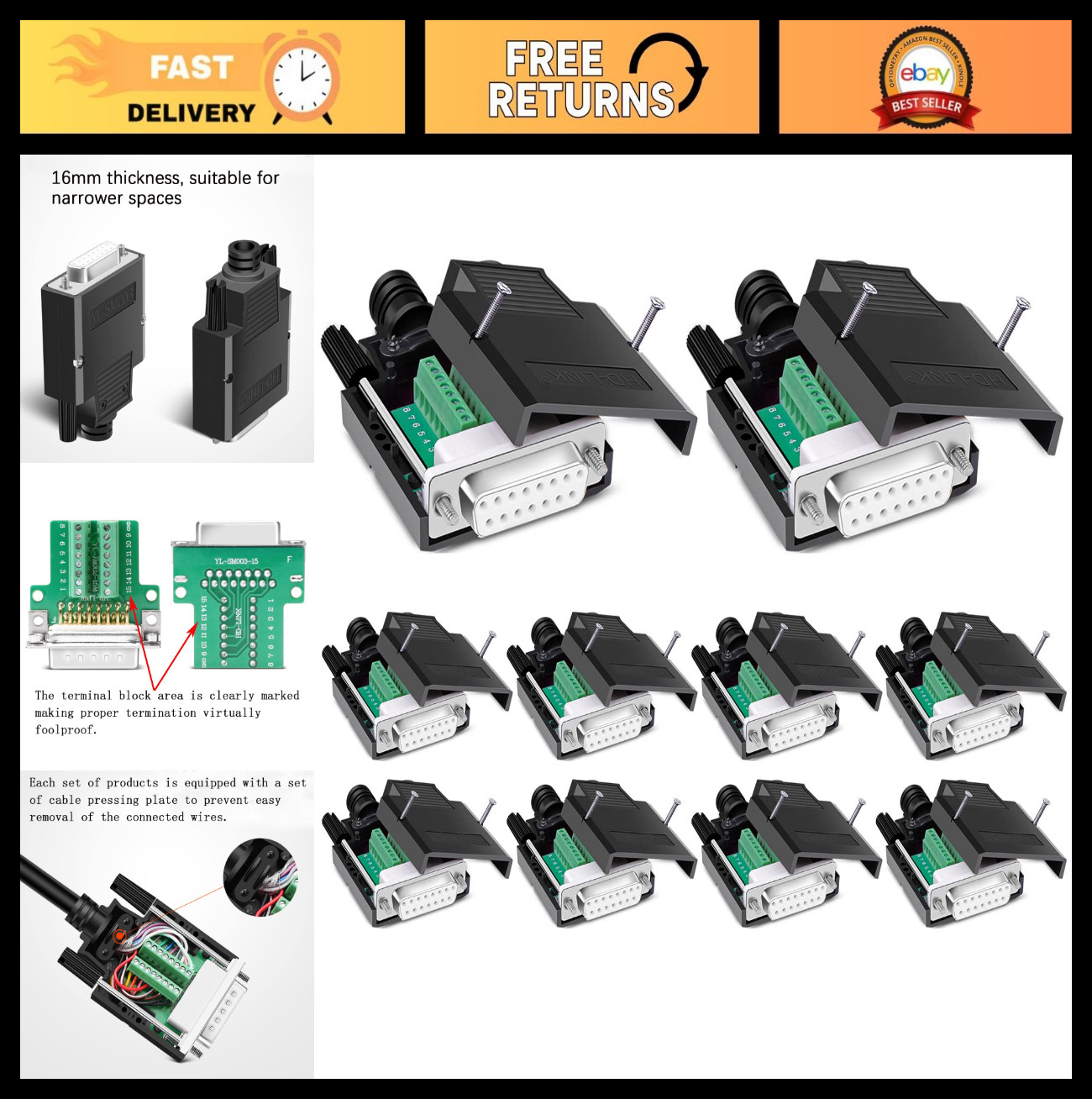 10PCS Solderless DB15 Serial to 15-Pin Female Adapter Connectors - Easy Install