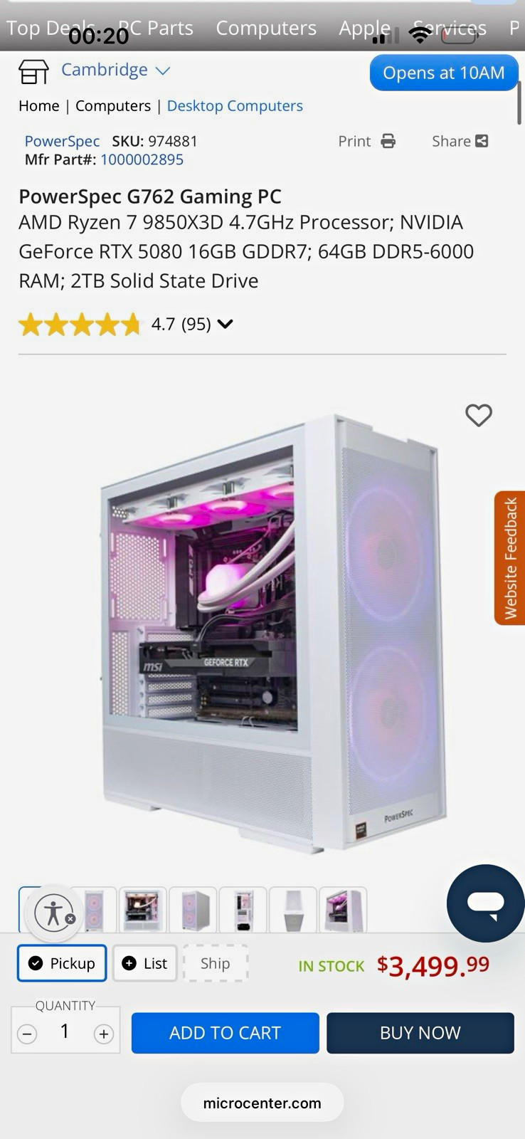 PowerSpec G762 Gaming Desktop Ryzen 7 9850X3D RTX 5080 64GB 2TB SSD W11
