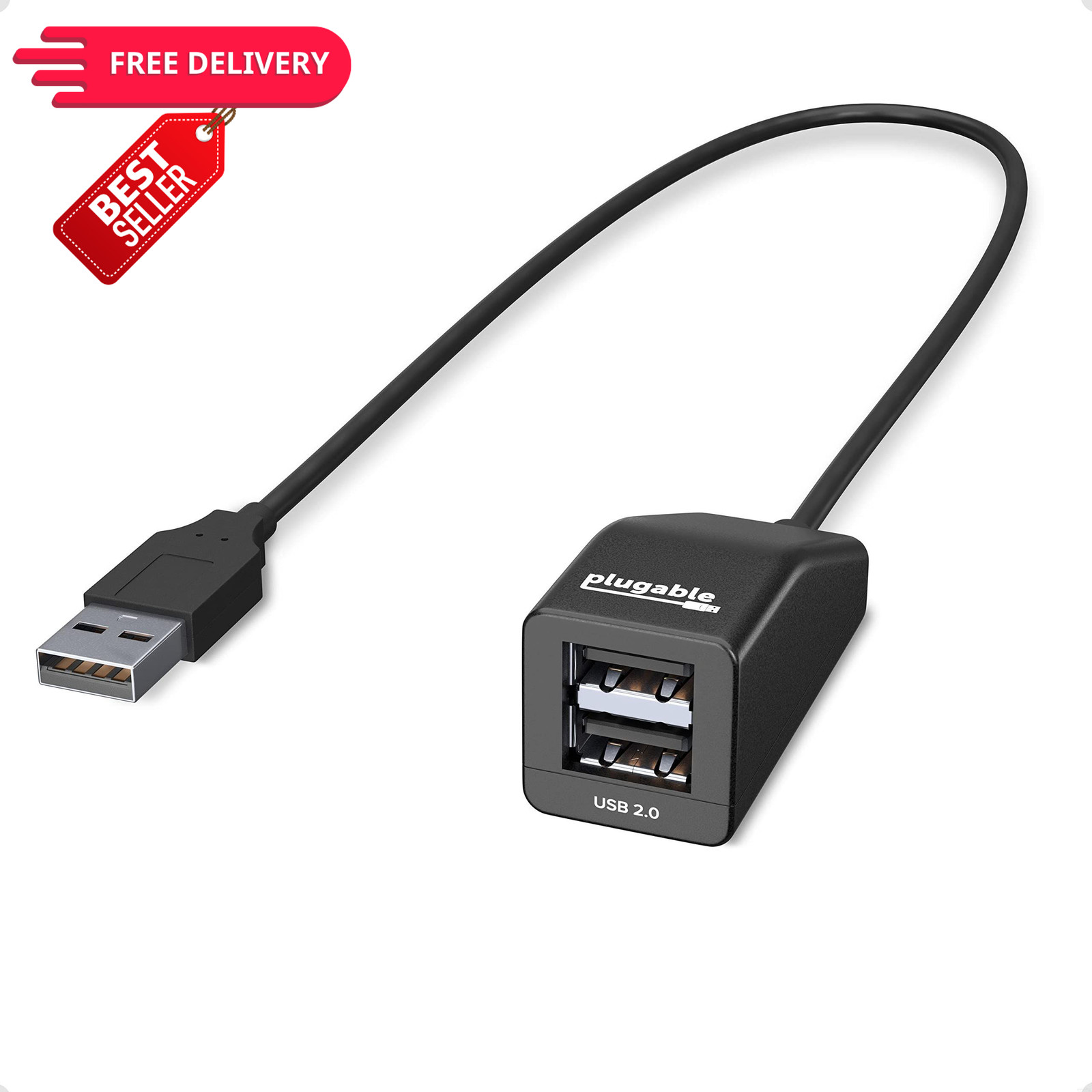 Plugable 2-in-1 USB Splitter with Dual 2.0 Ports Black