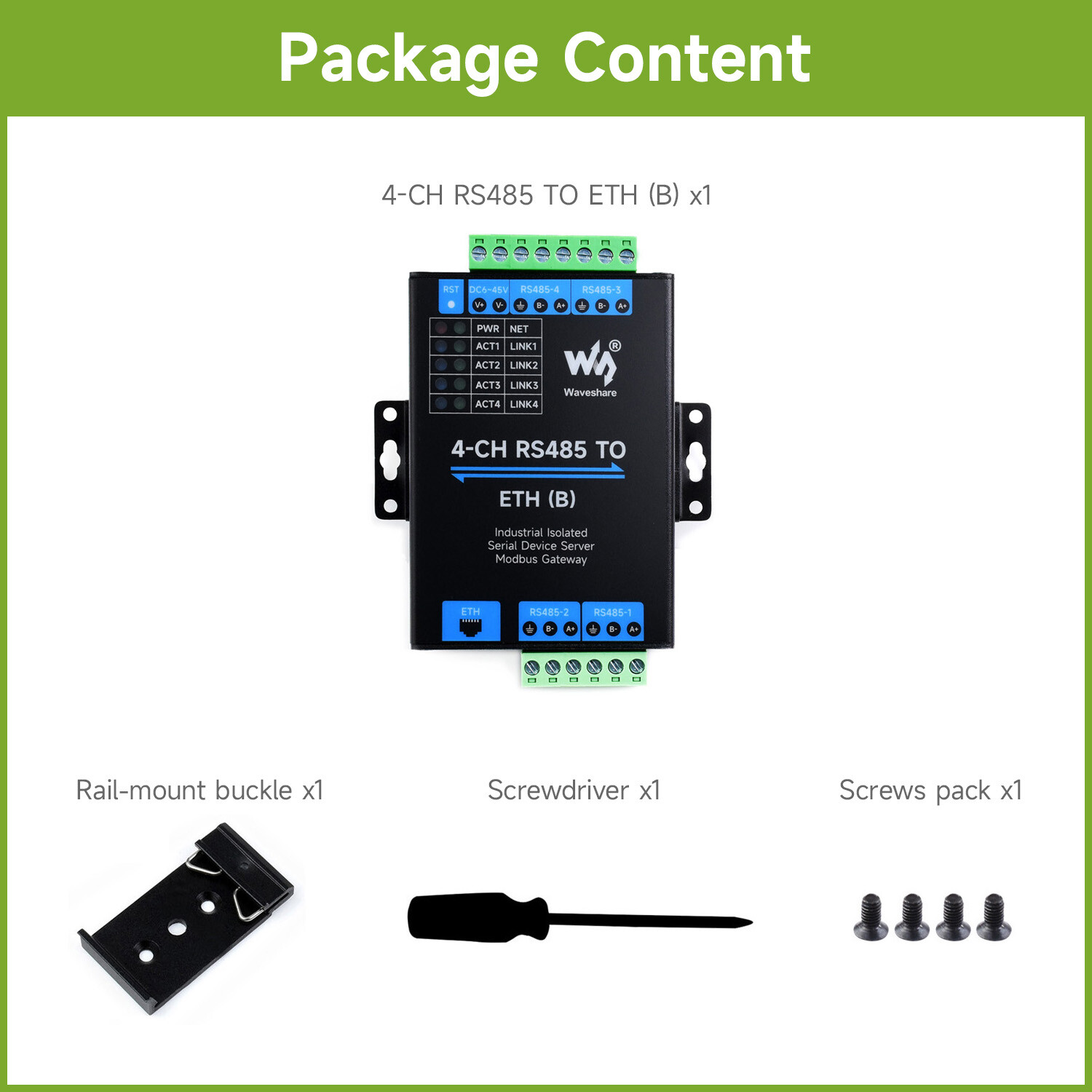Waveshare 4-Ch RS485 to RJ45 Ethernet Serial Server 4 Channels RS485 Independent