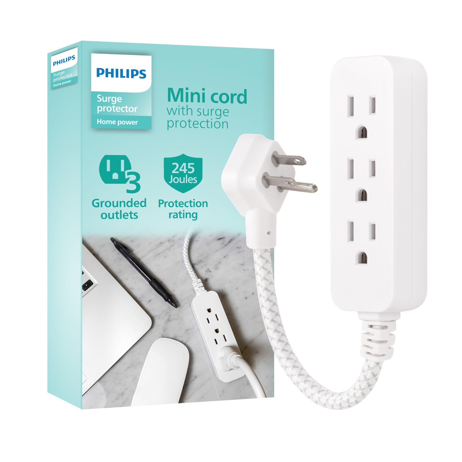 Philips 3-Outlet Grounded Mini Power Strip 5in Braided Cord SPP8272WC/37