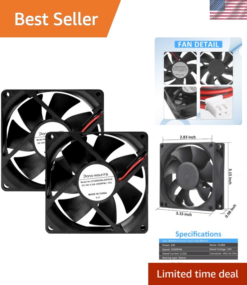 24V DC 80mm Cooling Fan - Silent Operation and Easy 2-Pin Connection - 2-Pack