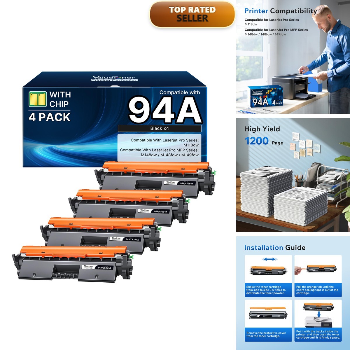 Valuetoner CF294A 94A Black Toner Cartridge Replacement for HP