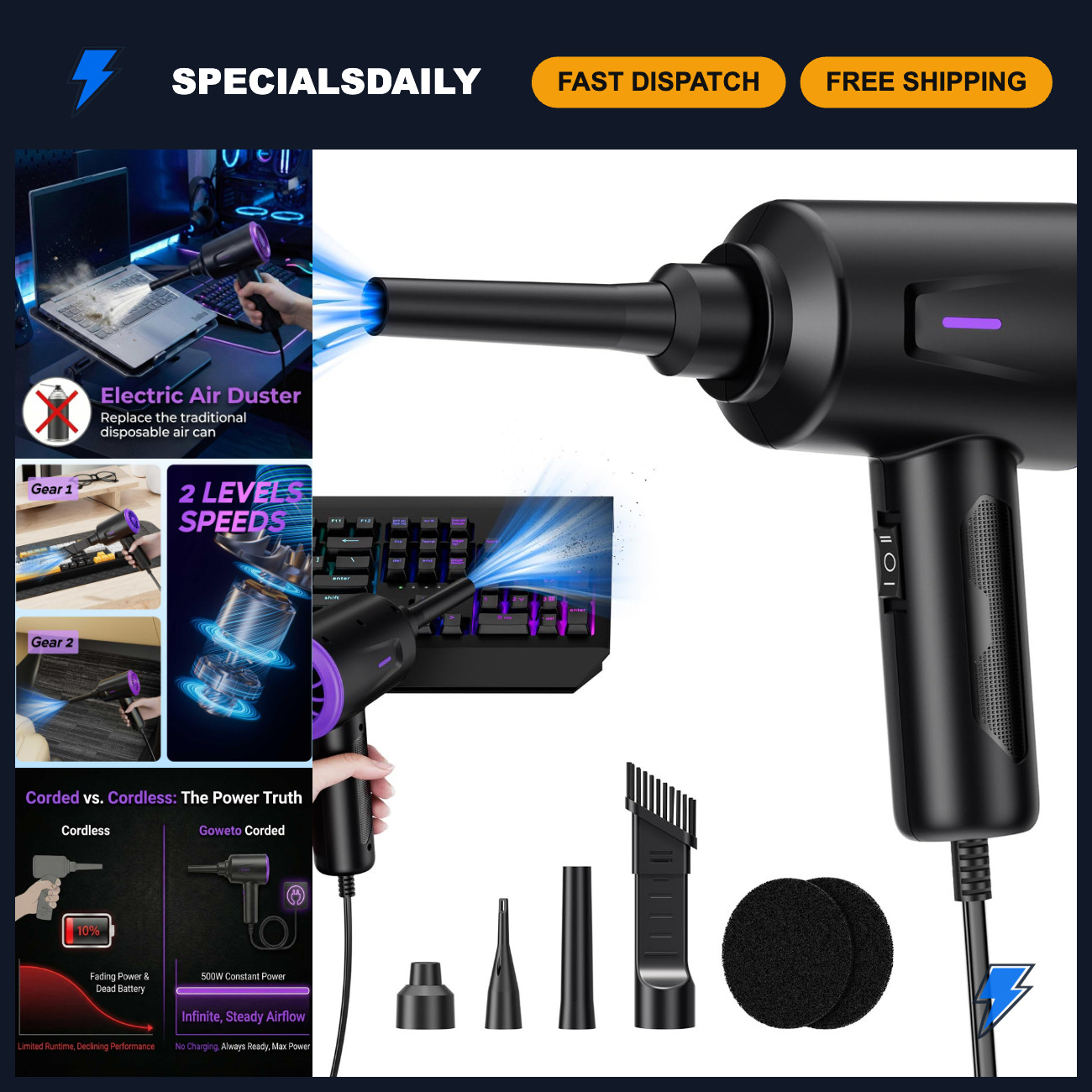 Powerful Electric Air Duster - Multi-Use Blower for Keyboard, PC & Electronics -