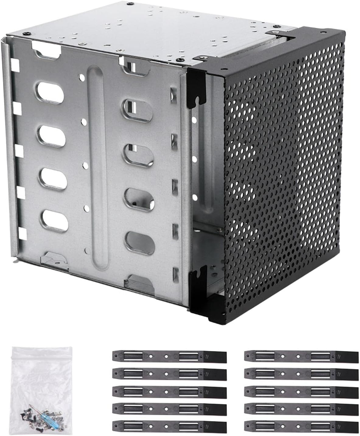 Stainless Steel Hard Drive Cage, 5.25" to 5X 3.5 with Fan Space, Adapter
