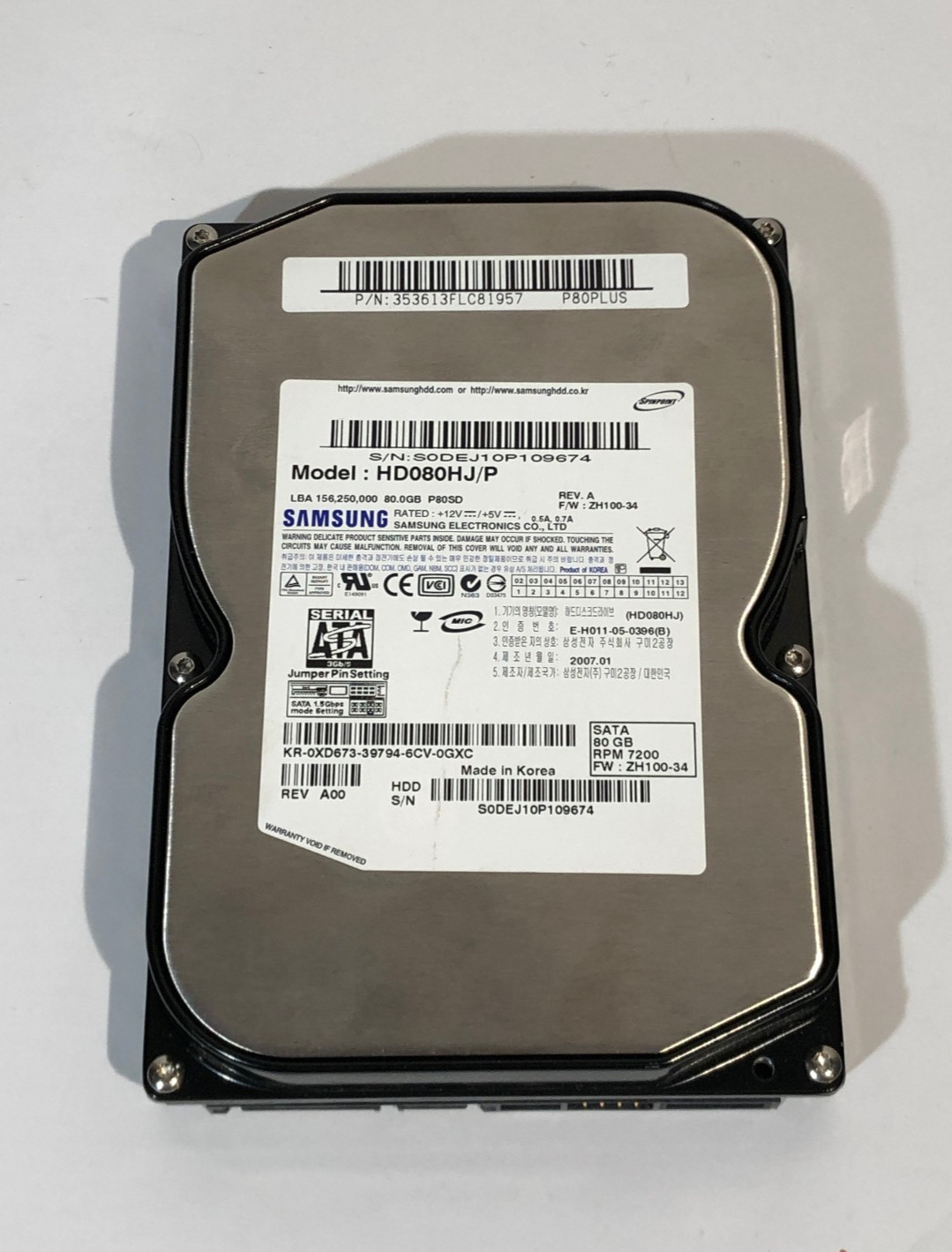 Samsung Spinpoint HD080HJ/P 80GB 3.5" SATA Internal Hard Drive – 7200RPM