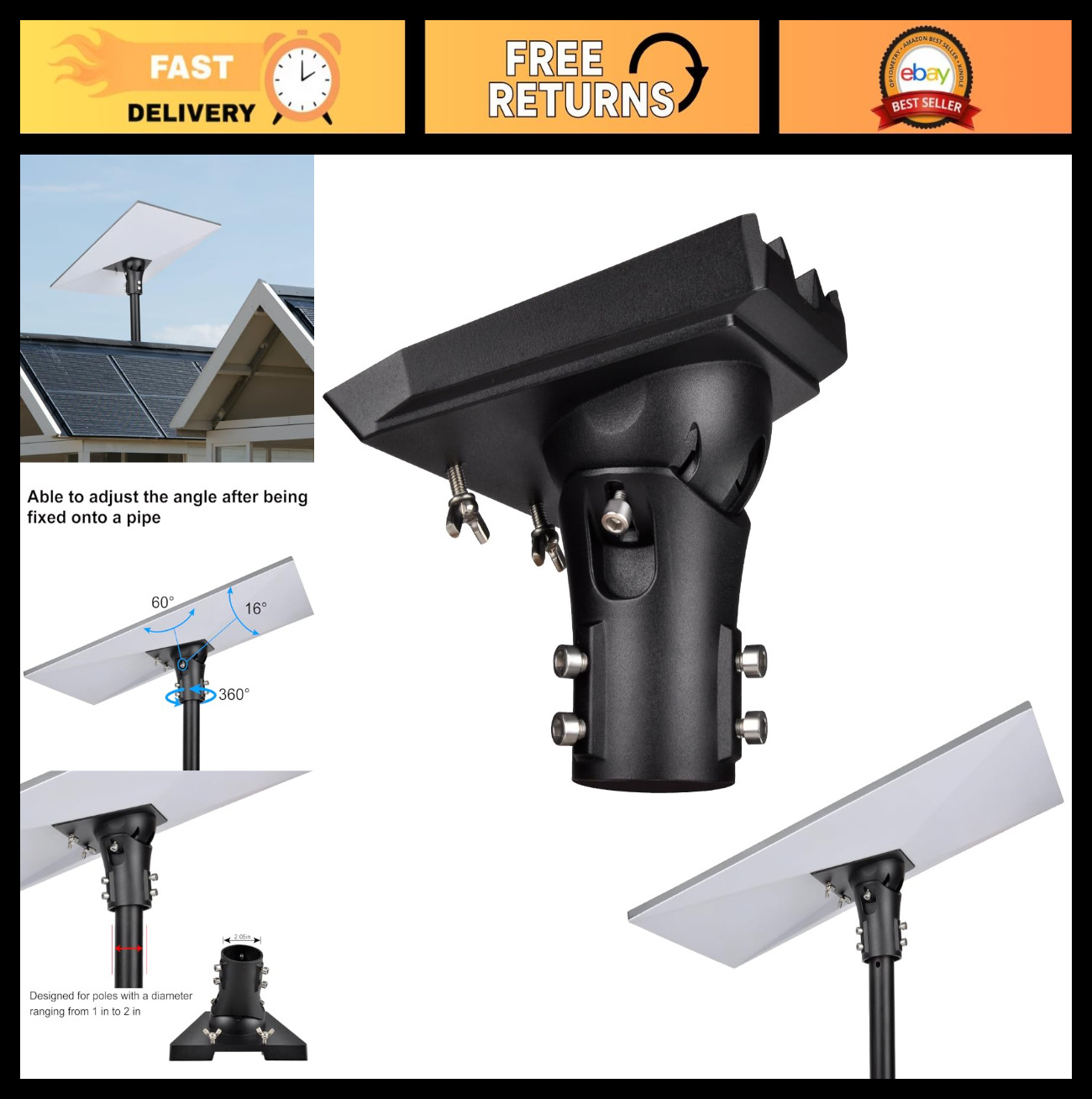 Adjustable Pipe Adapter for Starlink Gen 3 Dish Mount, Aluminum Alloy, Black