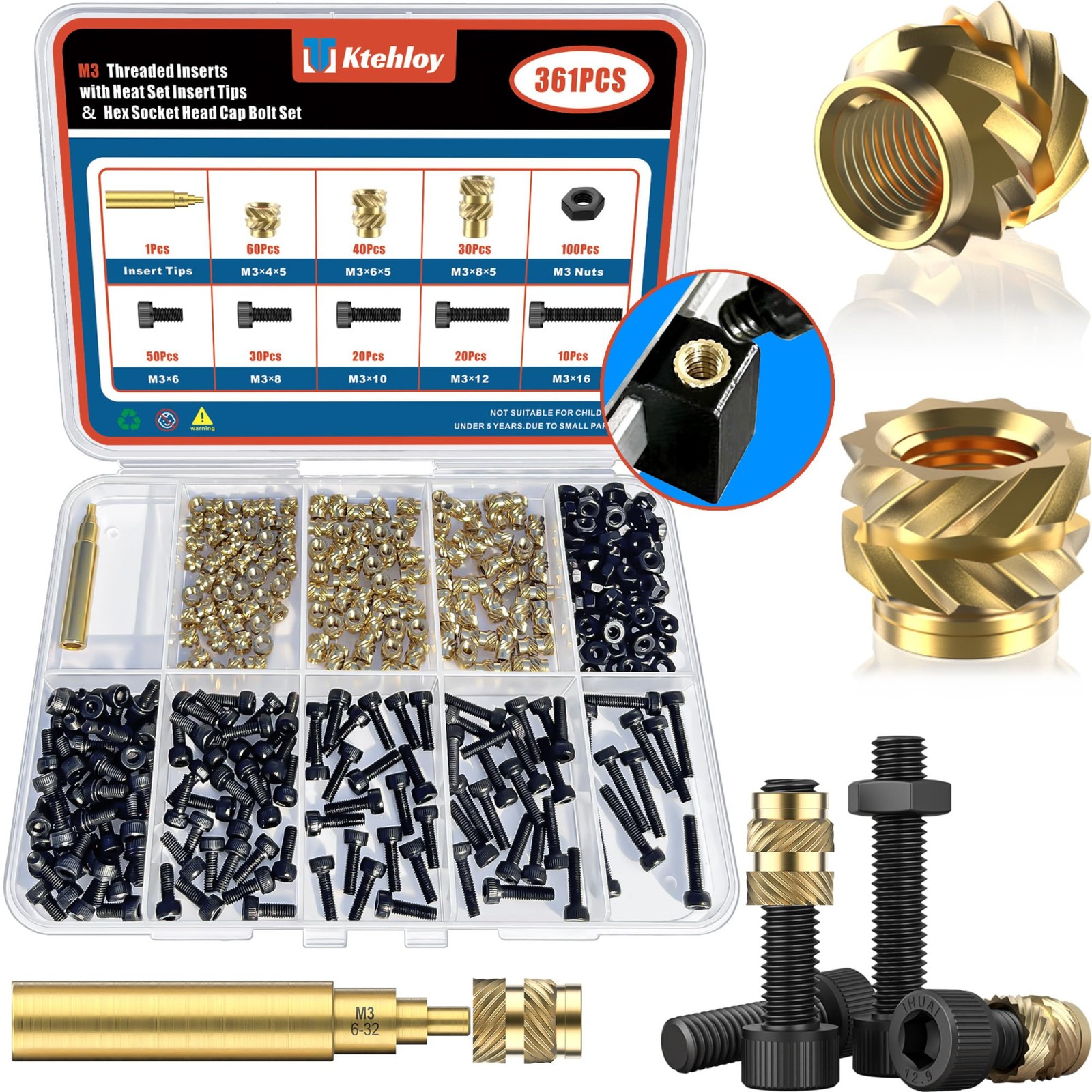 Ktehloy 361Pcs M3 Heat Set Insert with Screws & Insert Tips Brass Threaded Inser