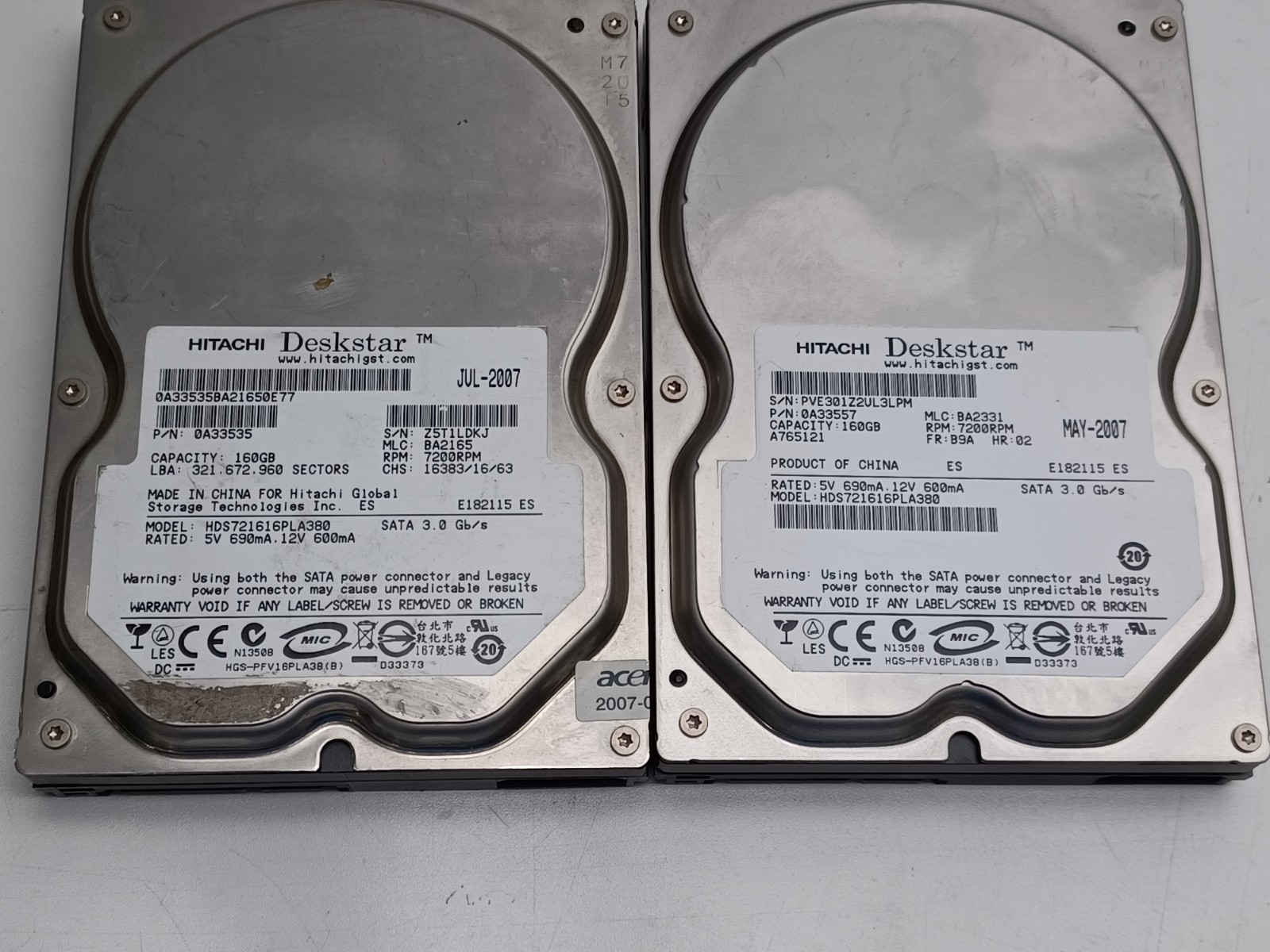Lot of 2 Hitachi Deskstar E182115 HDD Hard Drive 160GB HDS721616PLA380 Used